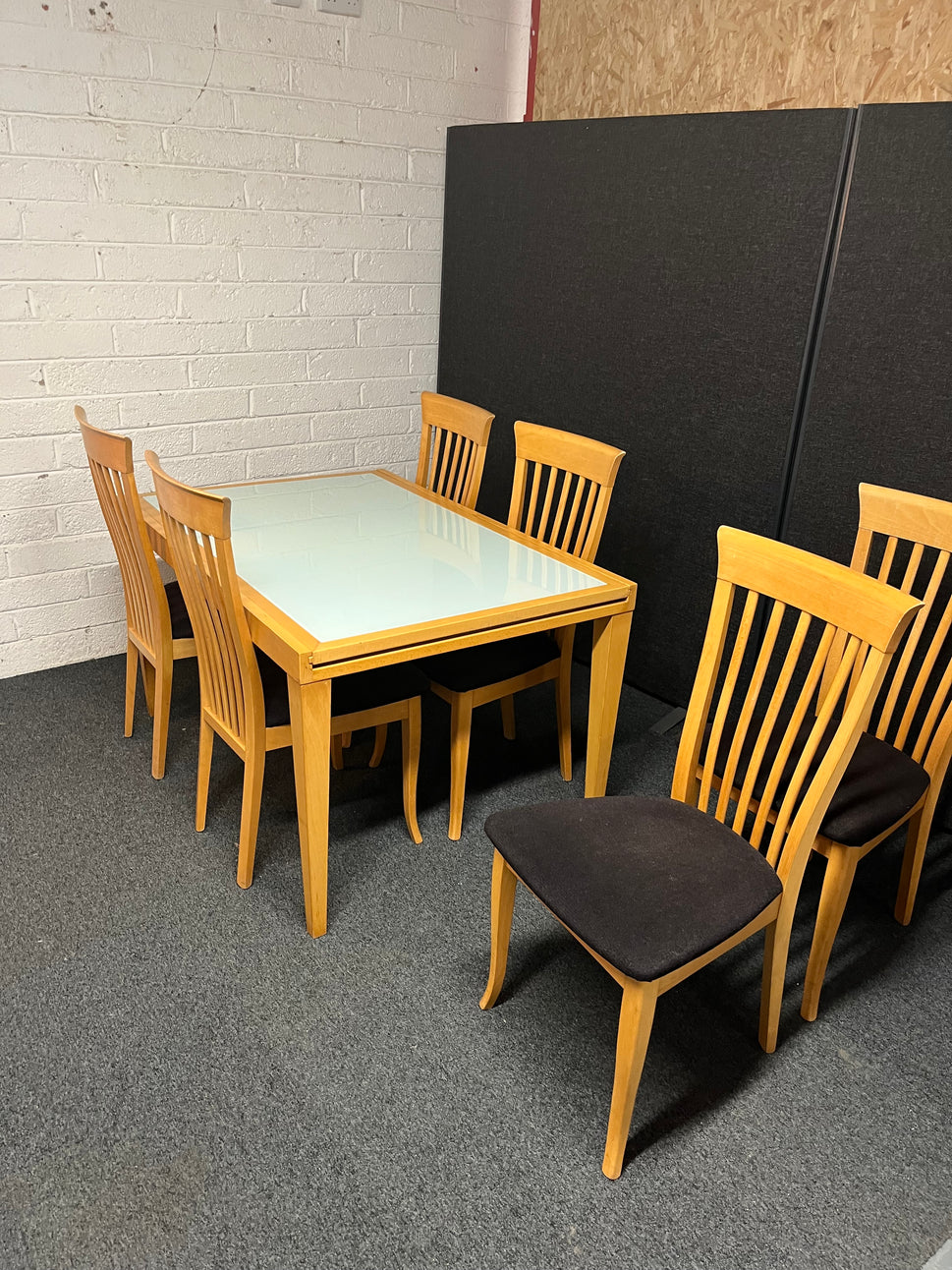 Solid beech and frosted glass extendable dining table with 6 no. matching beech chairs with black seat fabric (L 210 - 130 x W 70) 2225