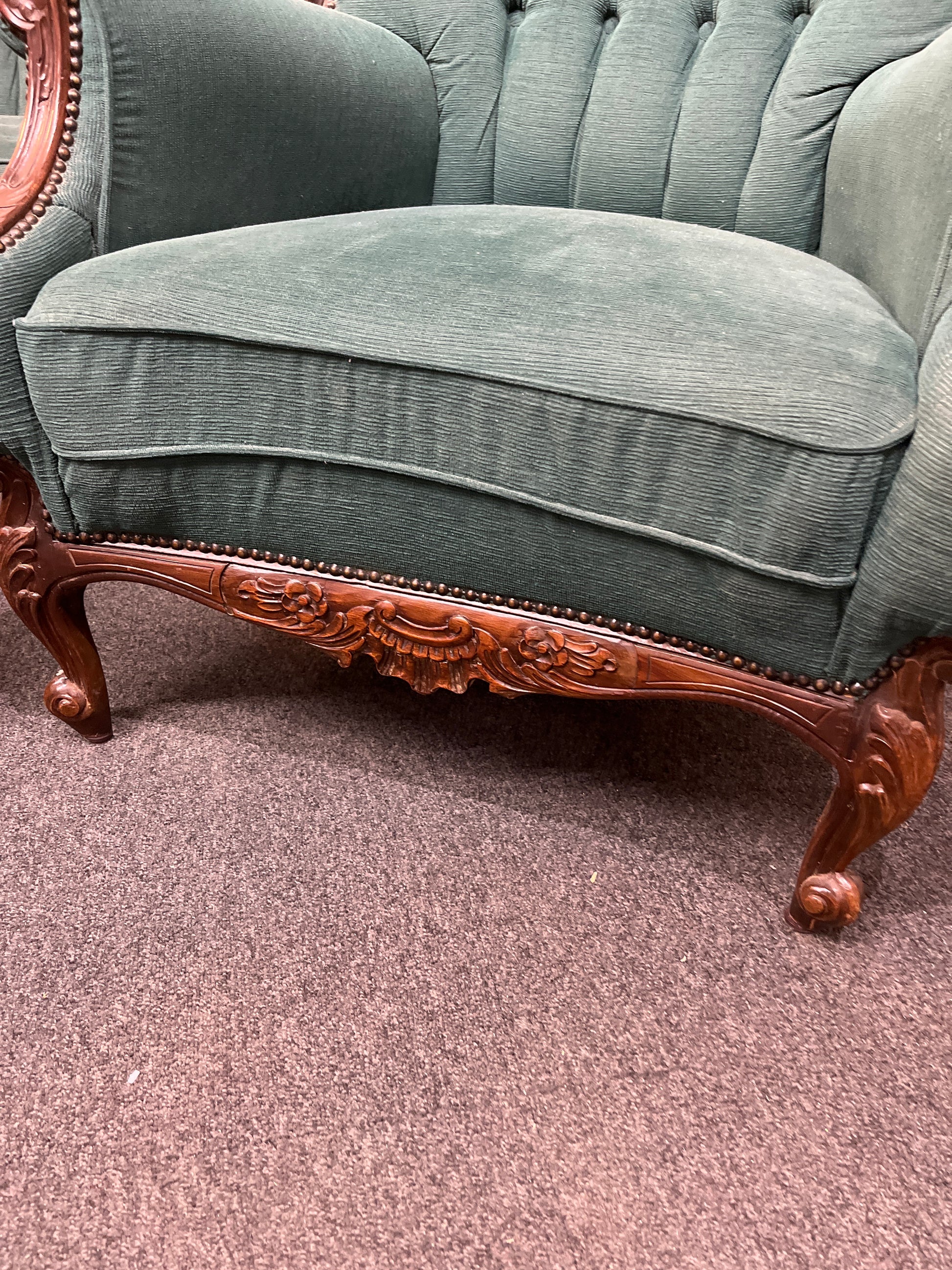 3+1+1 ornate mahogany framed wing back suite in dark green button back fabric E425 3126