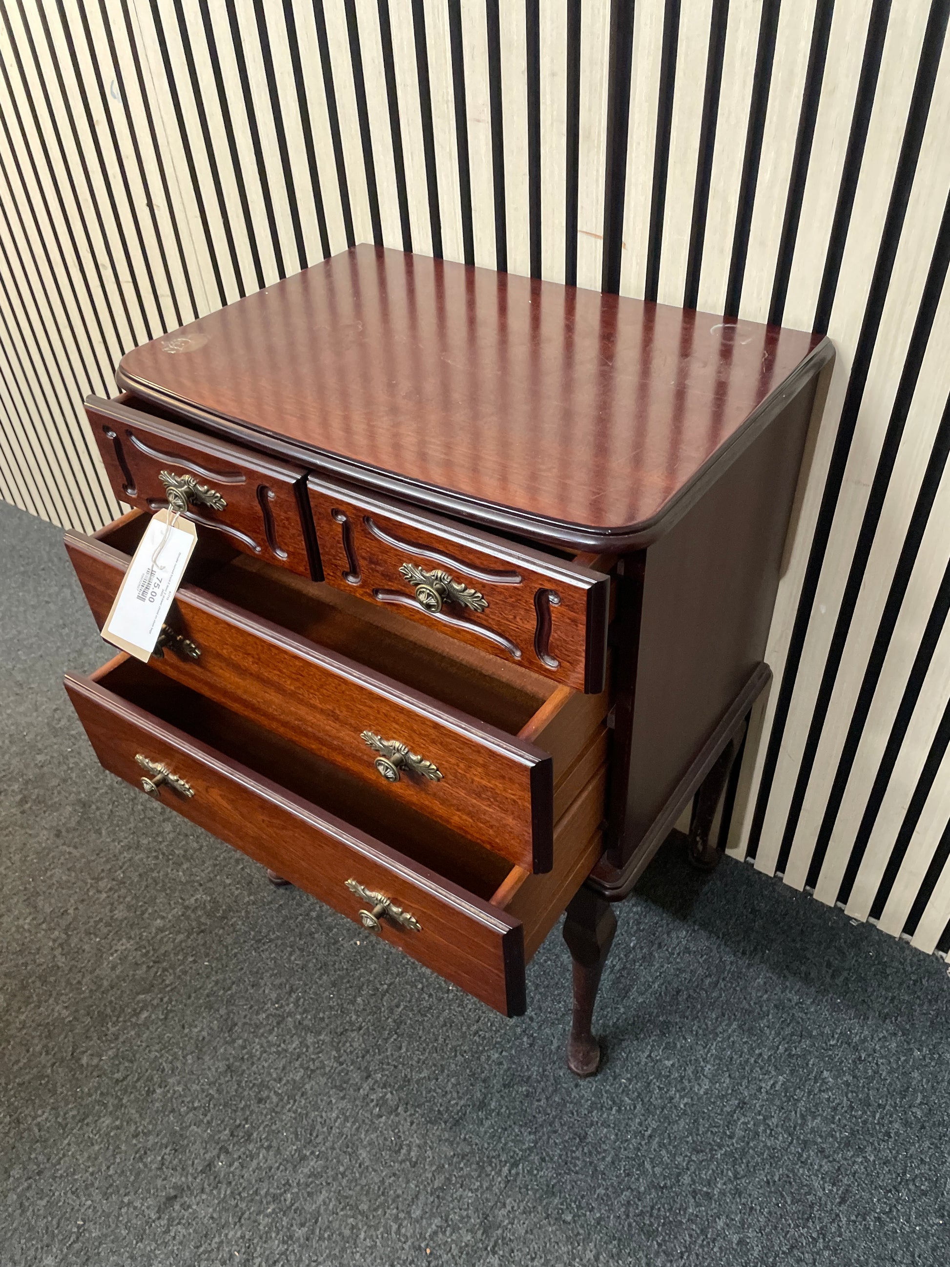 Ornate curved front 2 door 2 drawer chest on stem legs 2425