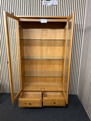 Solid oak display cabinet with glass doors,base drawer and internal lighting (h 183 x w 100 x d 40 cm) 44286