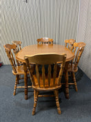 Stained pine ornate extendable circular dining table with 6 dining chairs (110 cm diameter + 55 cm extension) 44315