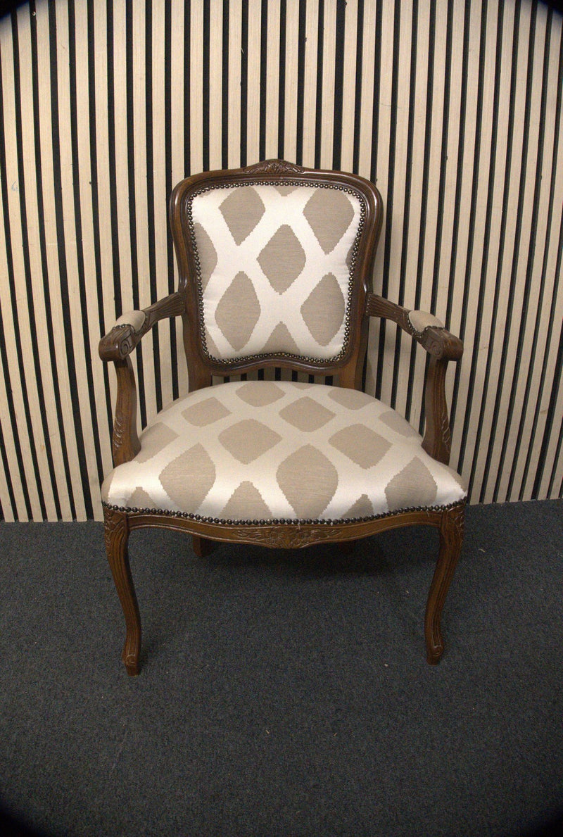 Solid mahogany Limogue chair with cream fabric pattern and stud details 44340