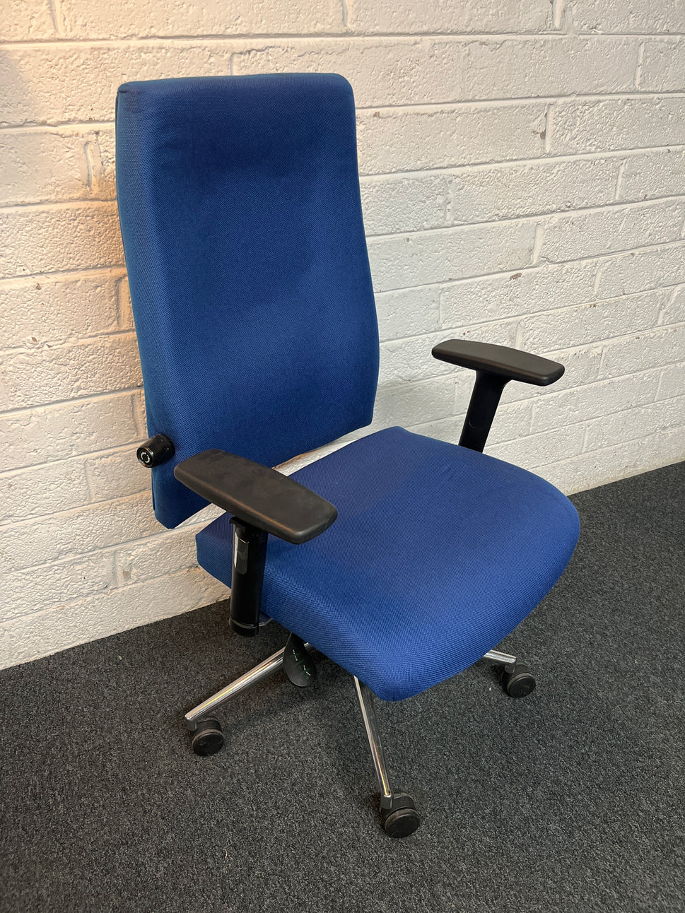 Secondhand High back, dark blue fabric swivel chair, heavy duty with polished chrome base and height adjustable arms and back tensioner . PRICE INC VAT, 20+ IN STOCK