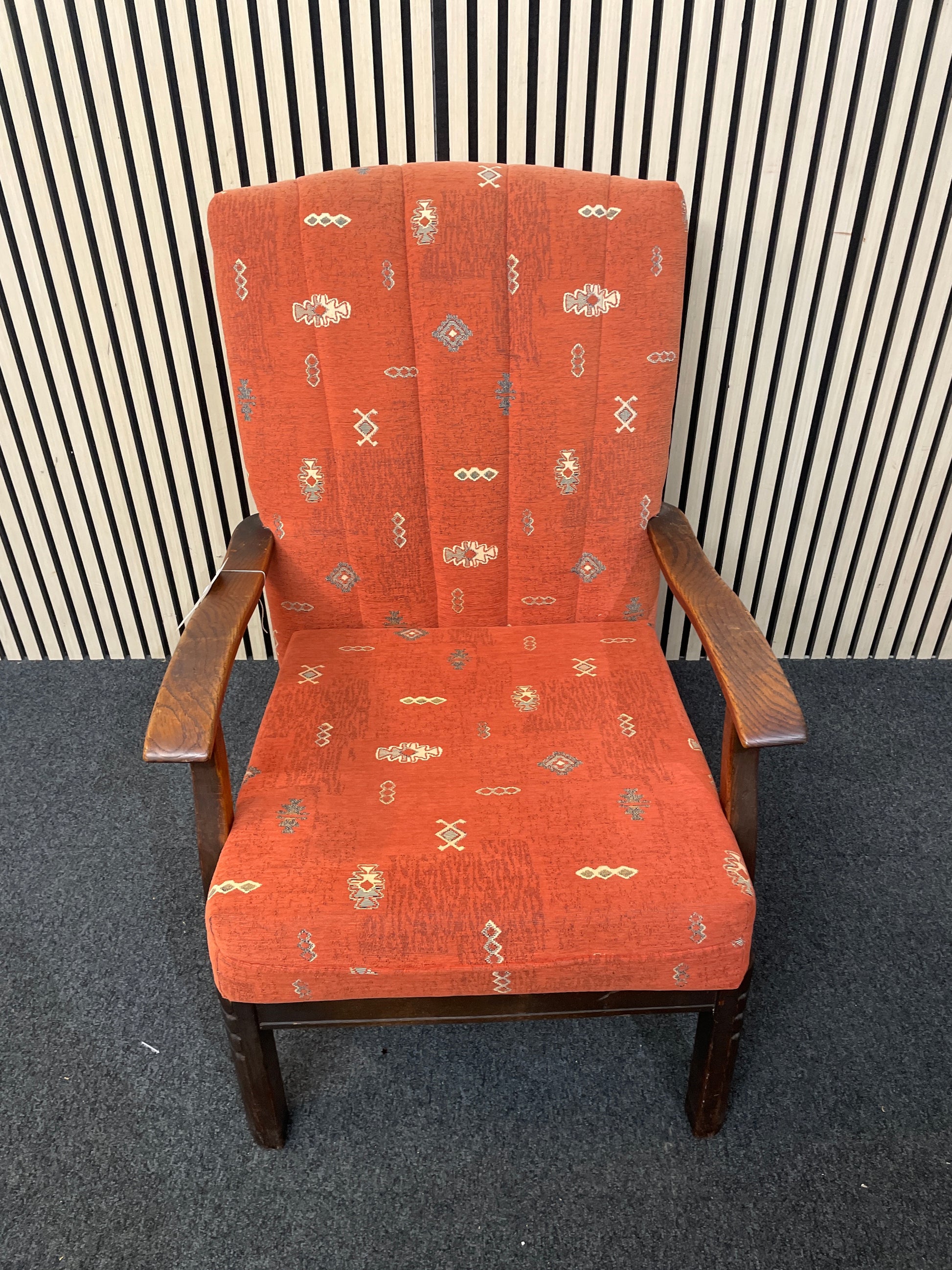 Solid wood, dark stained, high back terracotta fabric fireside armchair 1126