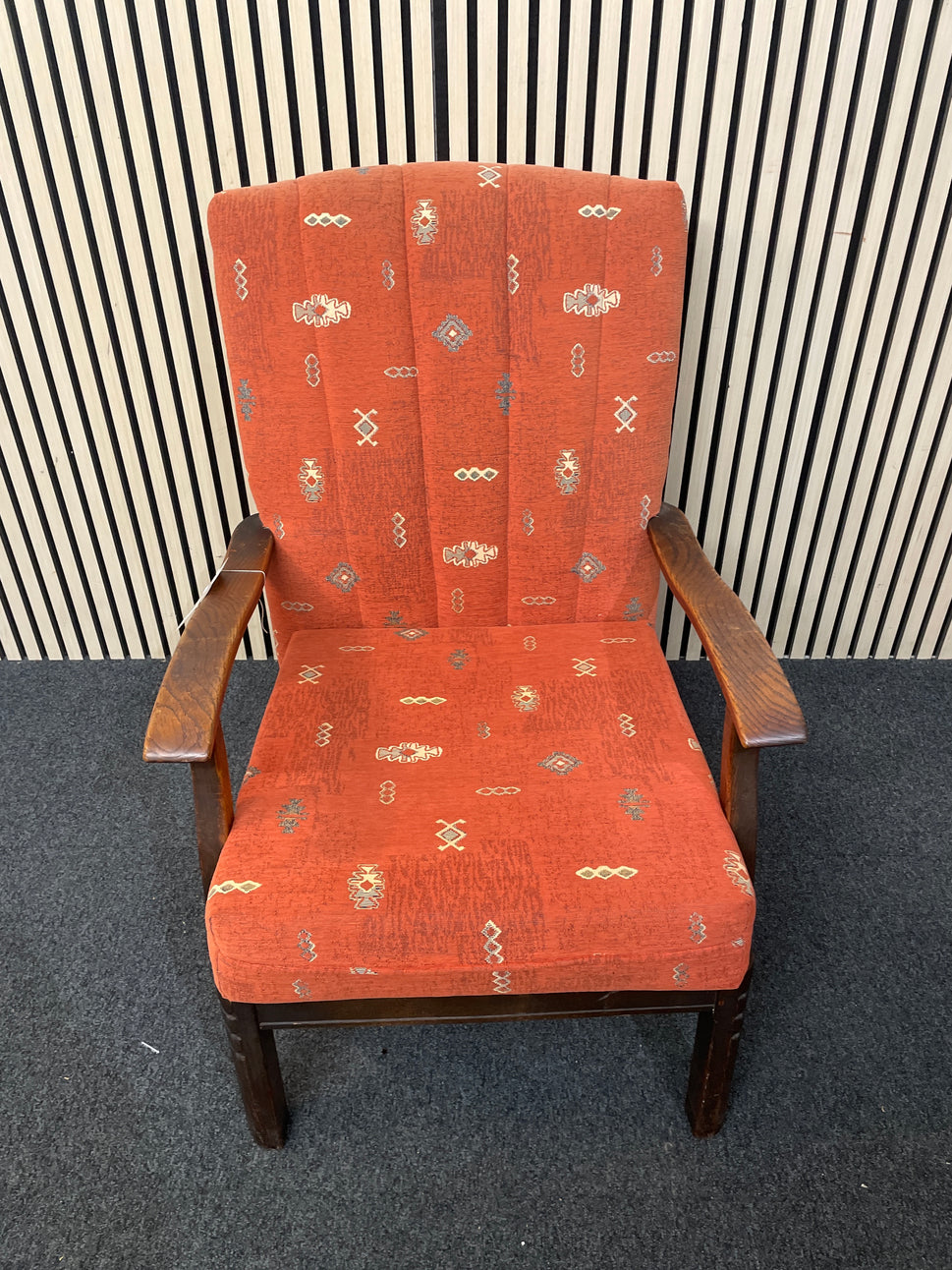 Solid wood, dark stained, high back terracotta fabric fireside armchair 1126