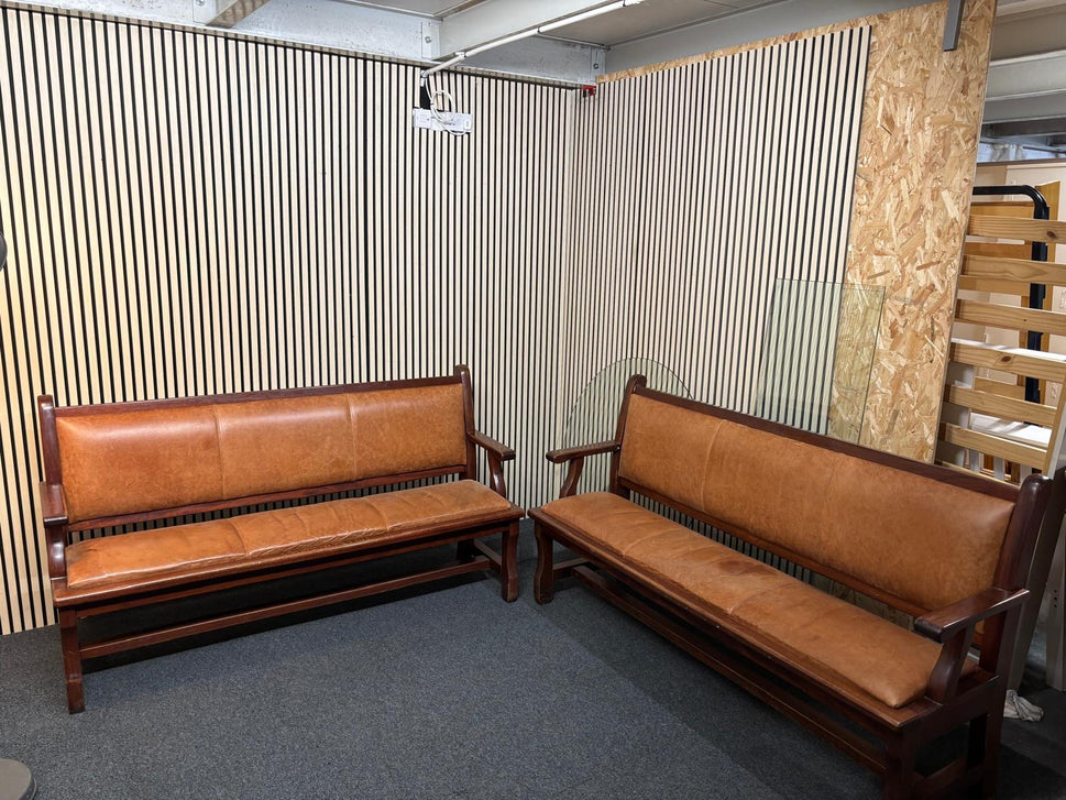 6ft solid beech stained tall bench seating with tan leather seat and back.97Hx183Lx54D 1425