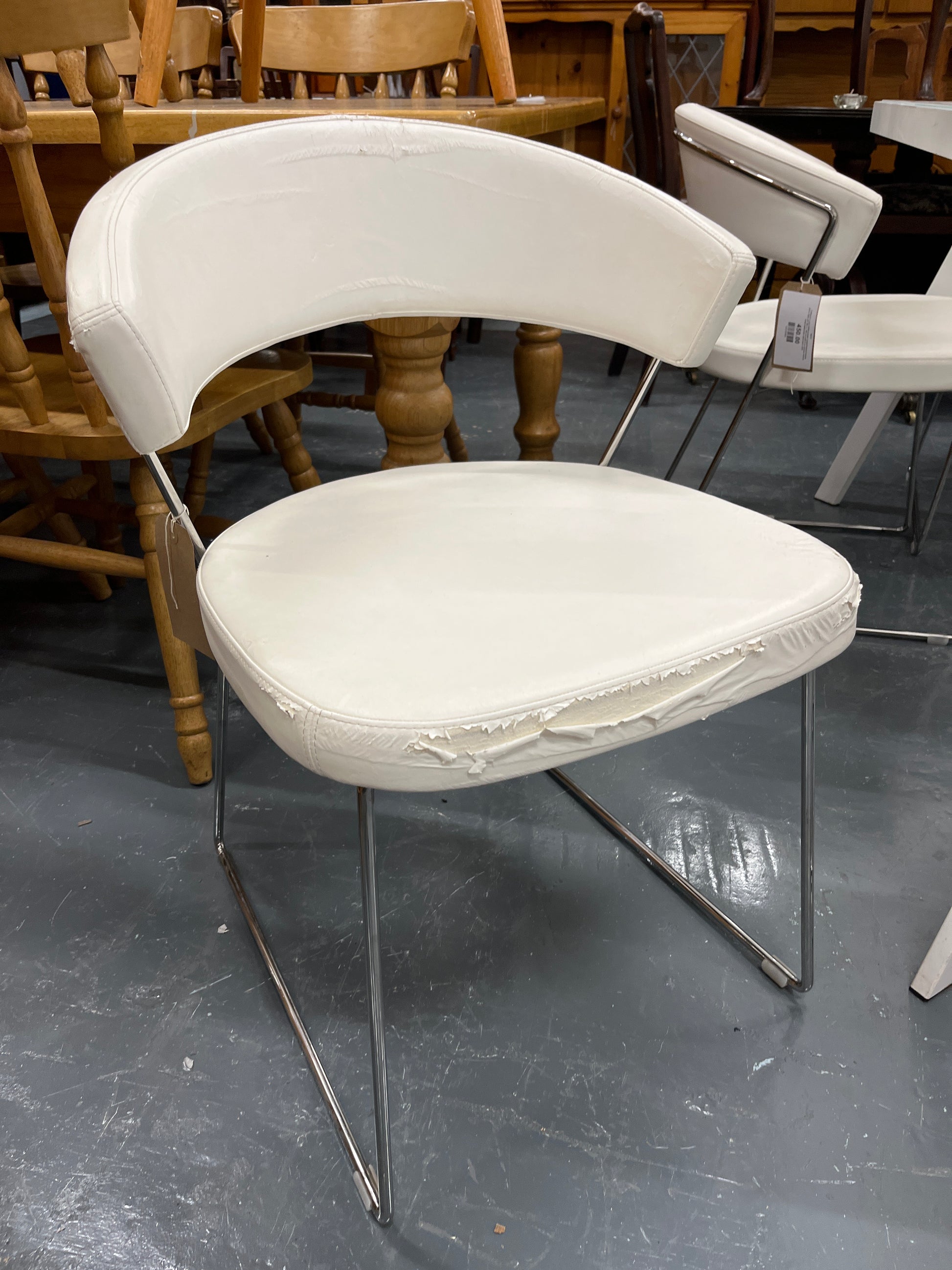 Calligaris Large white powder coated framed frosted glass table (W 140 x L 140 cm) with 6 no chrome framed, white leatherette club chairs 3225