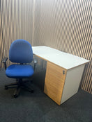 (GRADE A) White and Oak 1400 x 800 desk with push press pedestal + (Grade A) Blue fabric swivel chair bundle