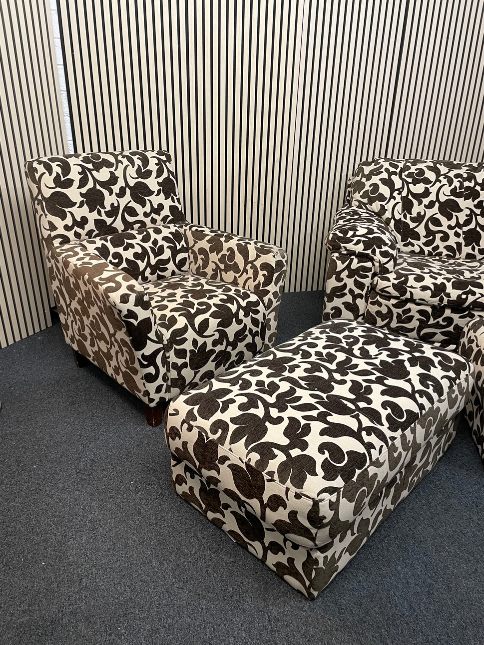 2 seater brown and cream floral fabric sofa (Width 160 cm) with matching armchair and ottomons 4225