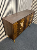 Mid-century style wooden chest with chevron pattern and brass handles. (H 86 x W 135 x D 42 cm) 44574