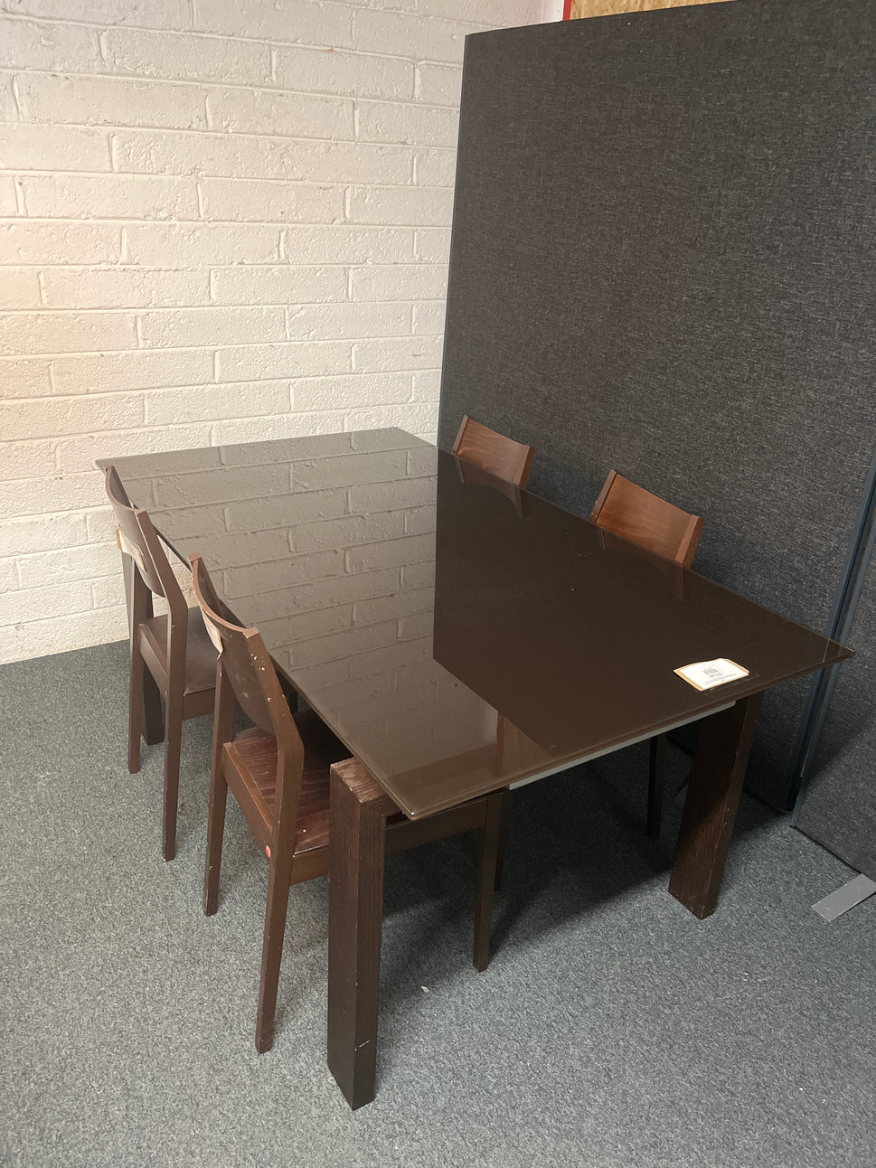 Large smoked glass rectangular dining table (W 160 x D 90 cm) wth 4 no. dark wood stained chairs 3225