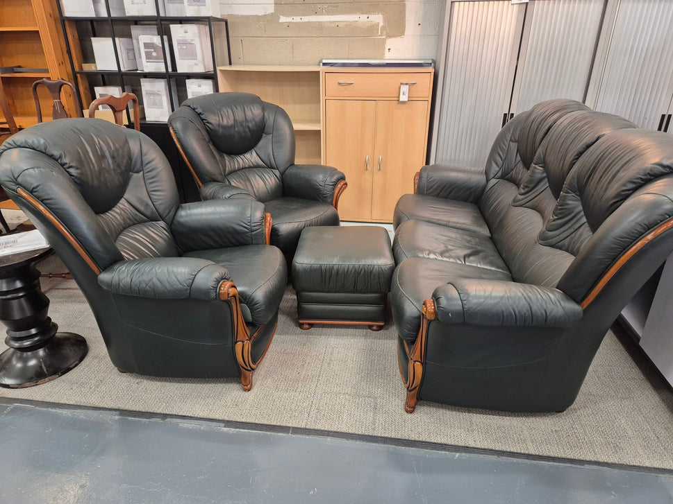 3+1+1+footstool wooden frames green Italian leather suite 1225