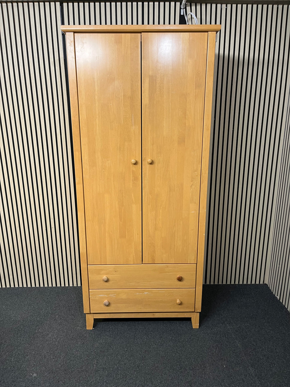 Tall beech two door wardrobe with two base drawers (H 208 x W 88 x D 58 cm) 1425