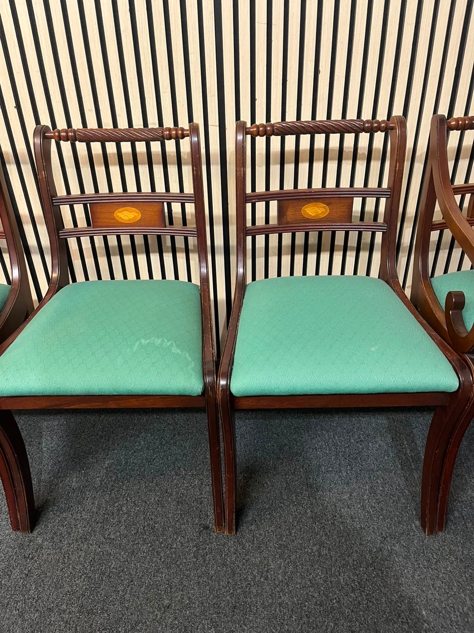 Ornate inlaid mahogany dining chair with teal fabric seat (SET OF 2 CARVERS AND 2 DINING CHAIRS) 43355