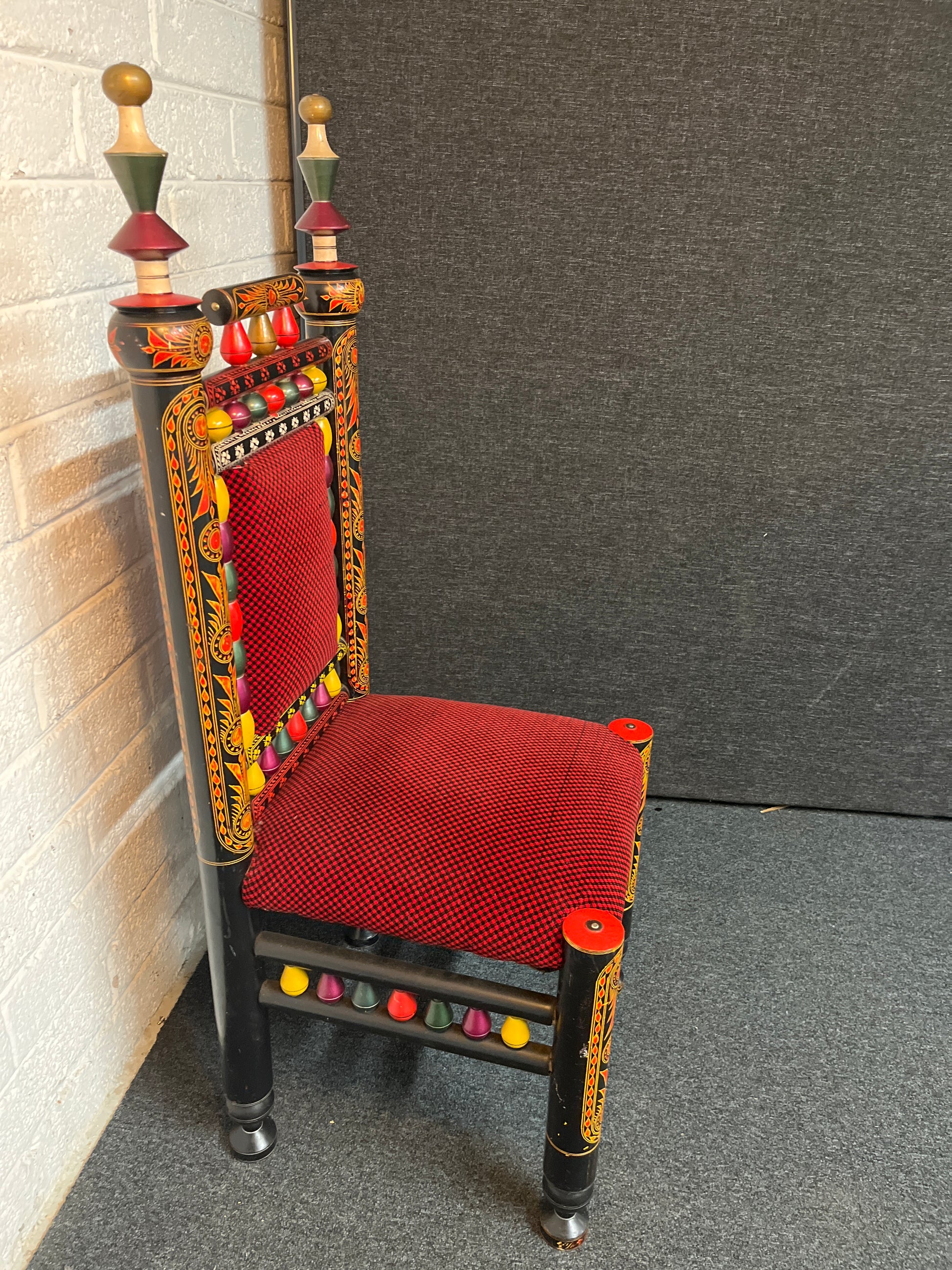 Ornate Chinese style solid wood black painted dining chair with painted detail and red and black pattern fabric seat and back. Qty of 50 no. in stock. Open to offers 2225