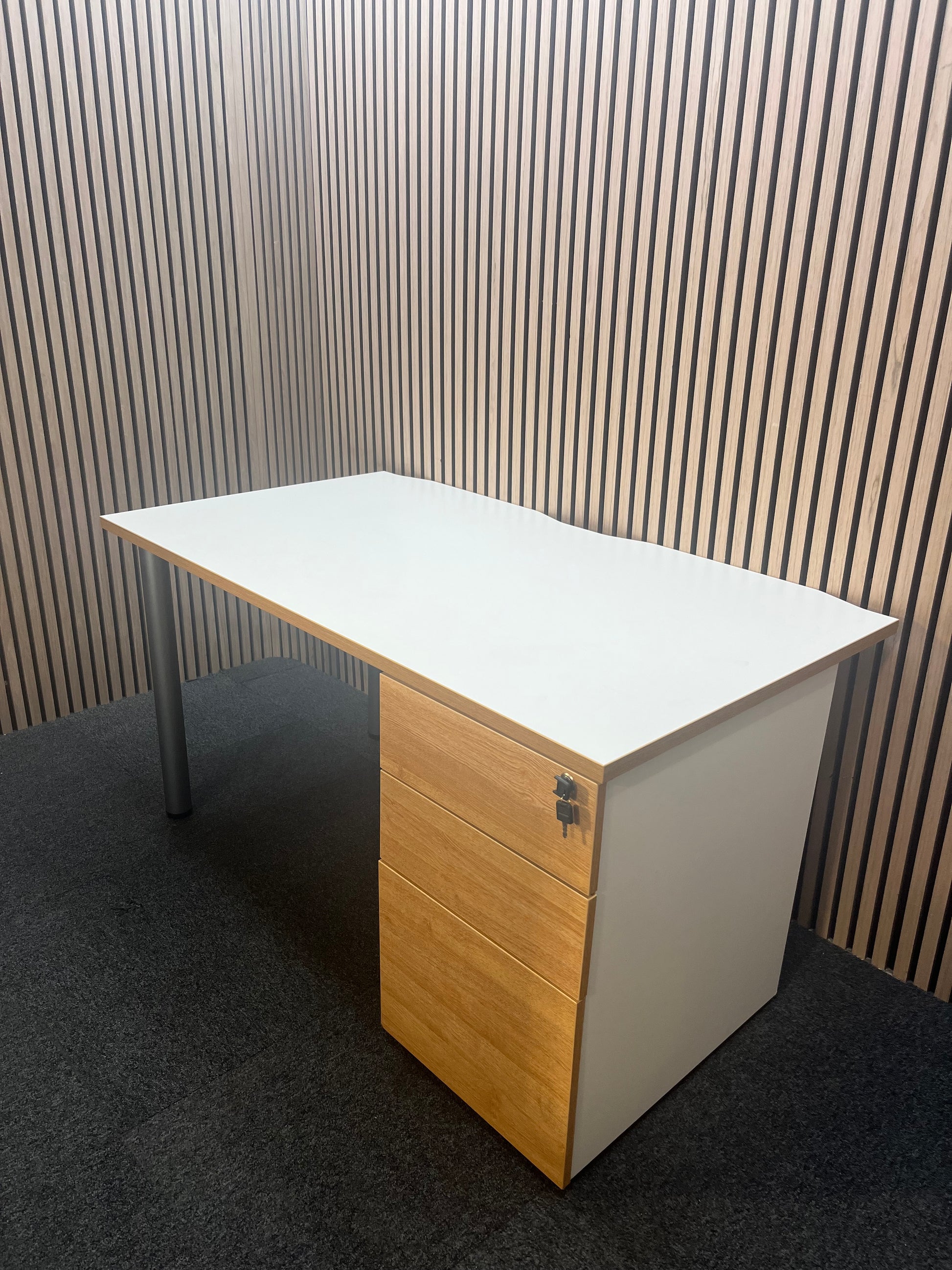 White and oak 1400 x 800 800 fixed pedestal with oak edging and push press doors