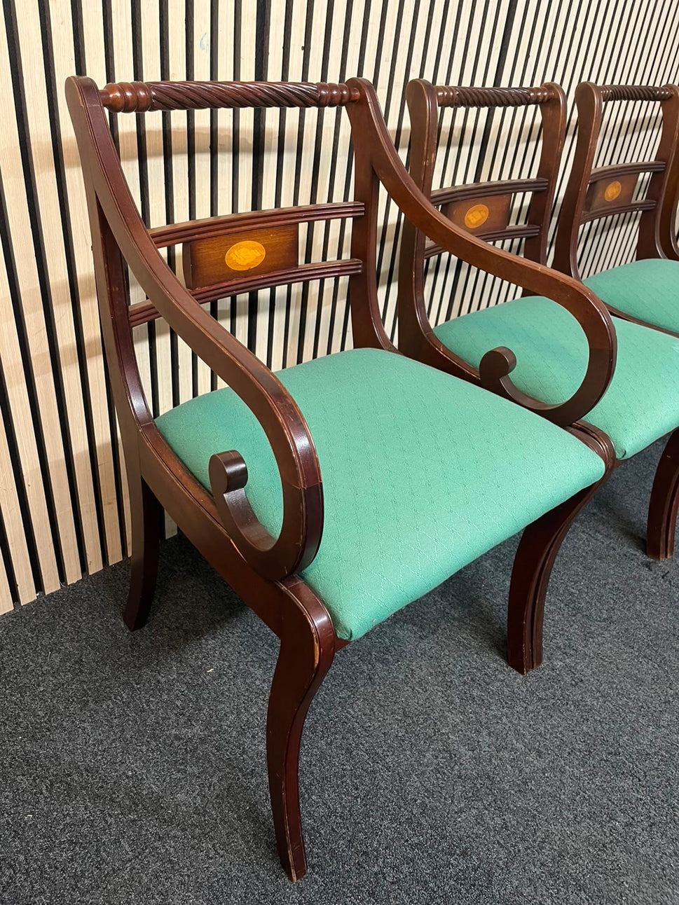 Ornate inlaid mahogany dining chair with teal fabric seat (SET OF 2 CARVERS AND 2 DINING CHAIRS) 43355