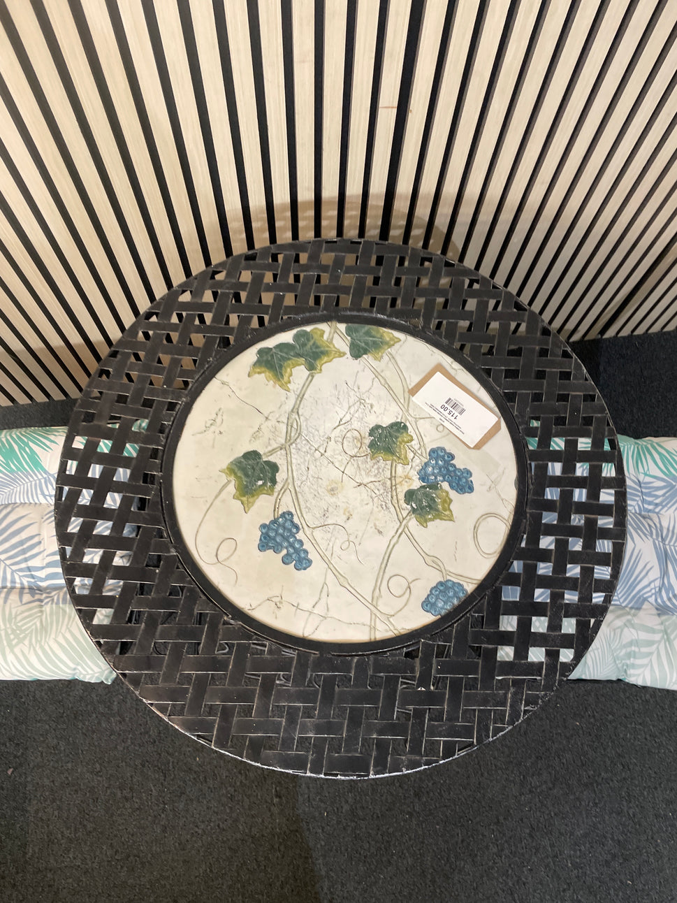 Black lattice metal outdoor circular table with 2 no. matching chairs (70 cm diameter) 2425