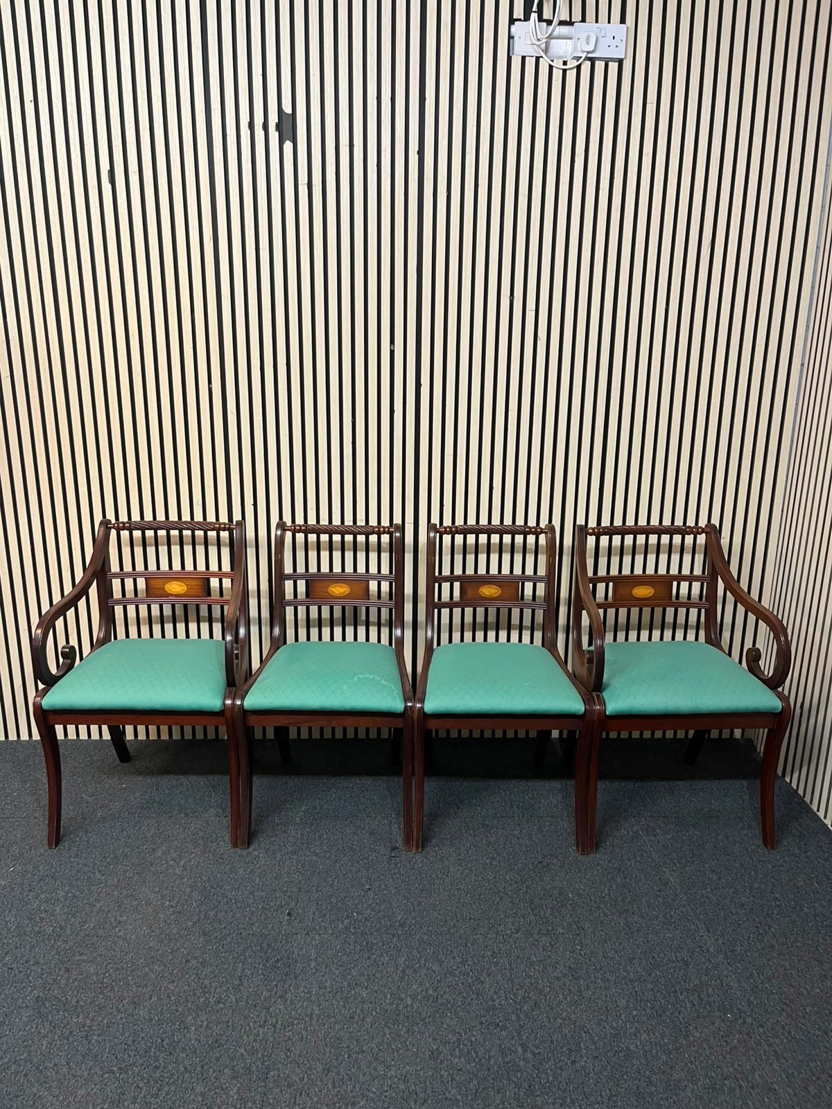 Ornate inlaid mahogany dining chair with teal fabric seat (SET OF 2 CARVERS AND 2 DINING CHAIRS) 43355