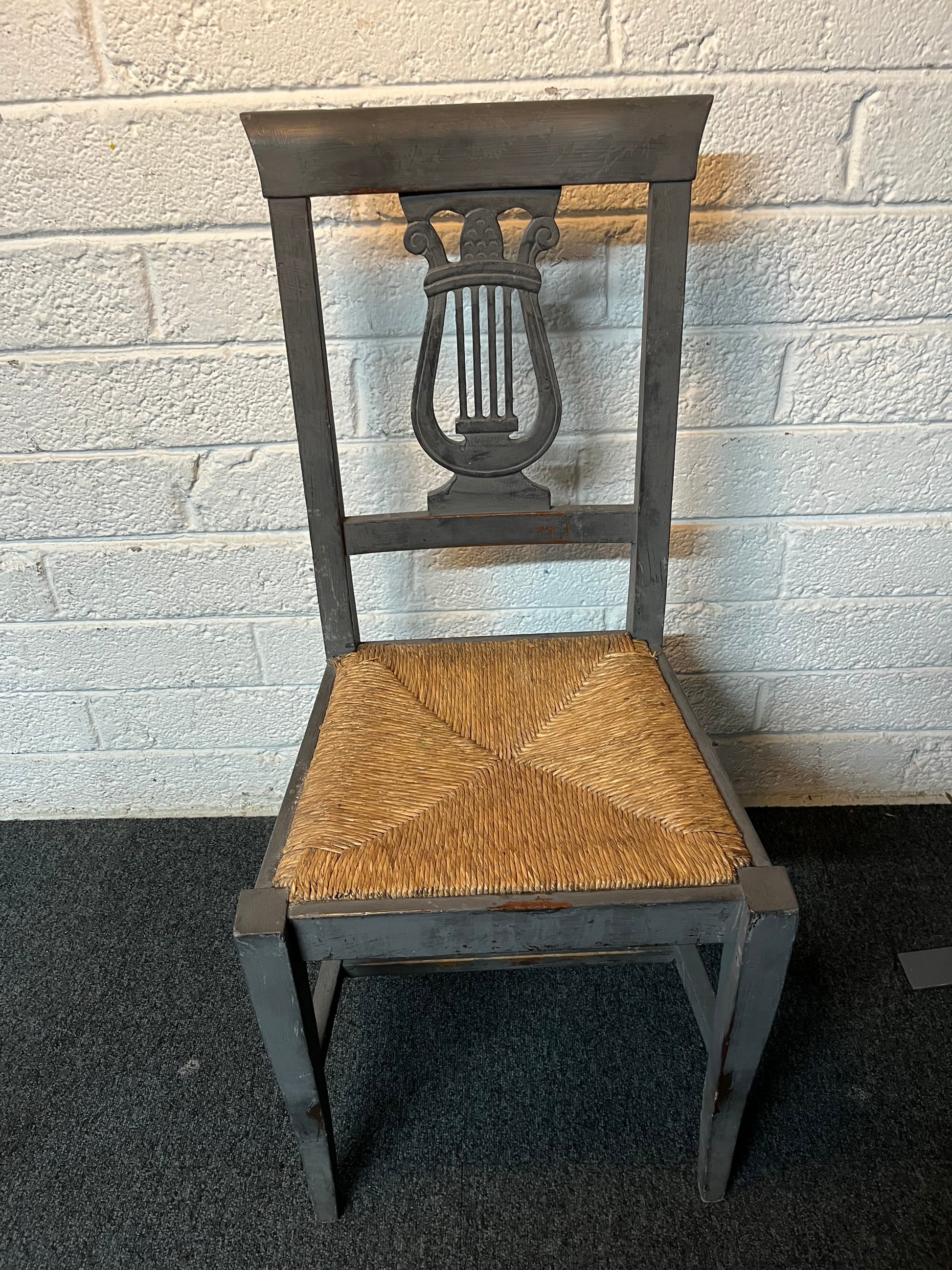 Grey painted ornate dining chair with rattan seat. 6 matching in stock. Can be sold as a set or individually 3225