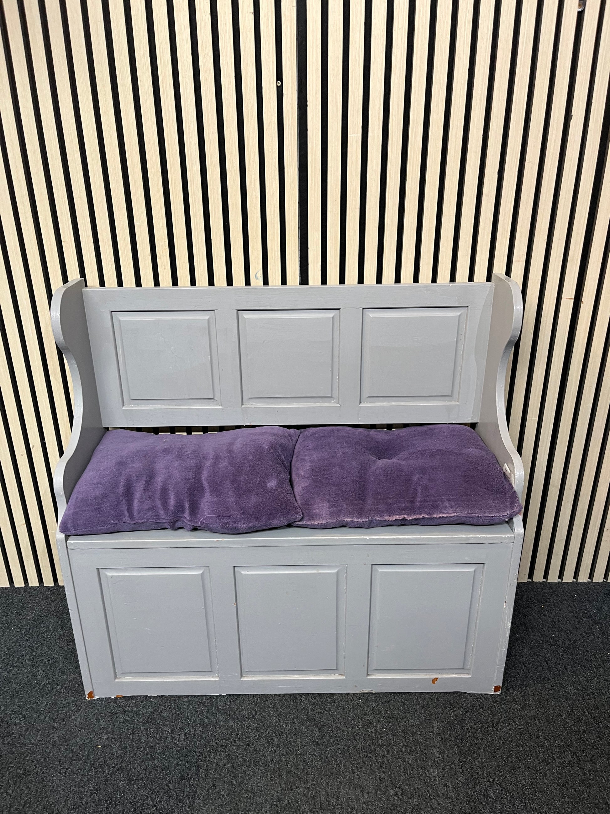 Grey pine monksbench with Purple cushions 1126