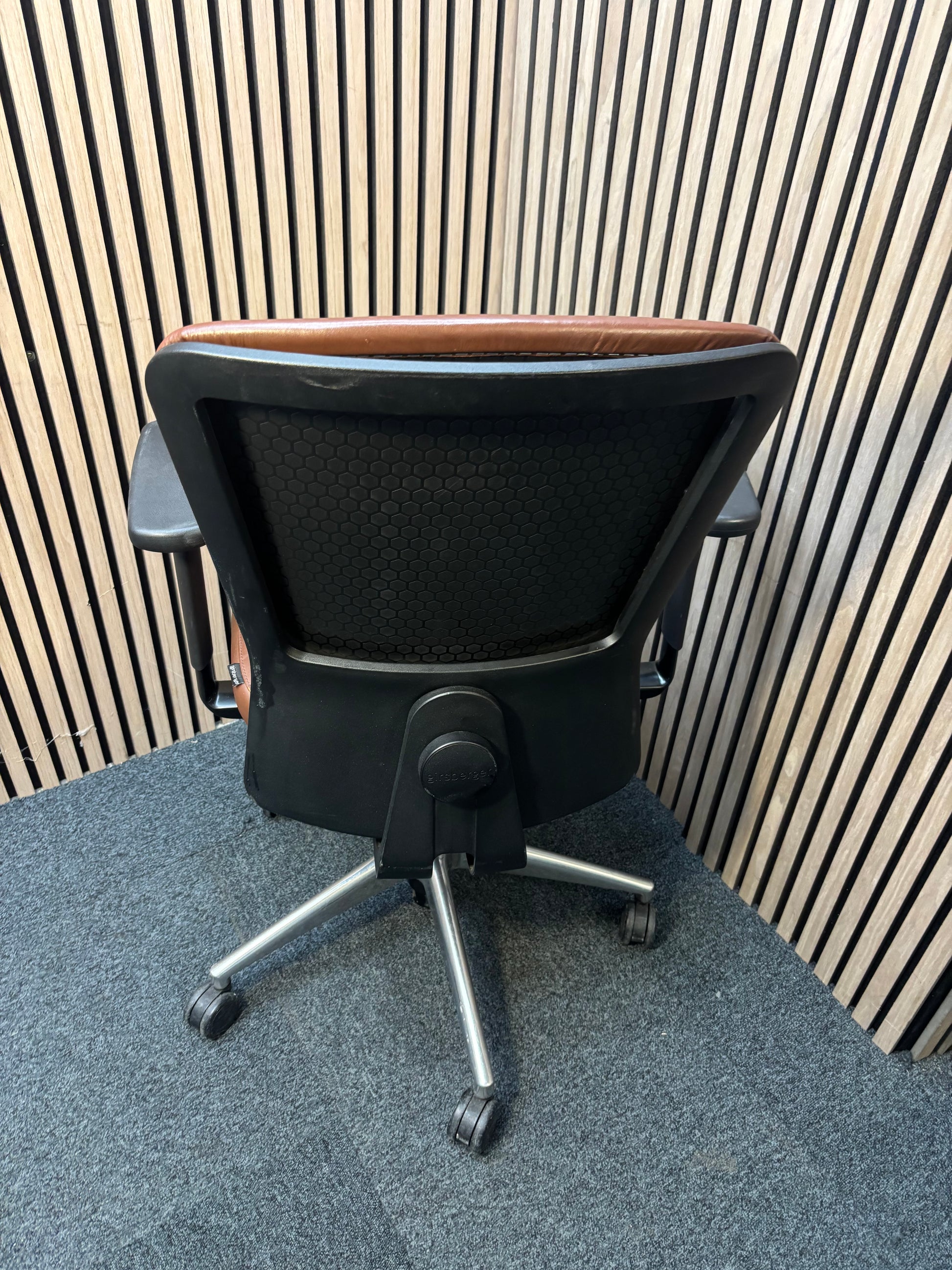 Girsberger high back brown leather multifunction swivel chair with adjustable arms and back rake with polished metal base on castors J3910