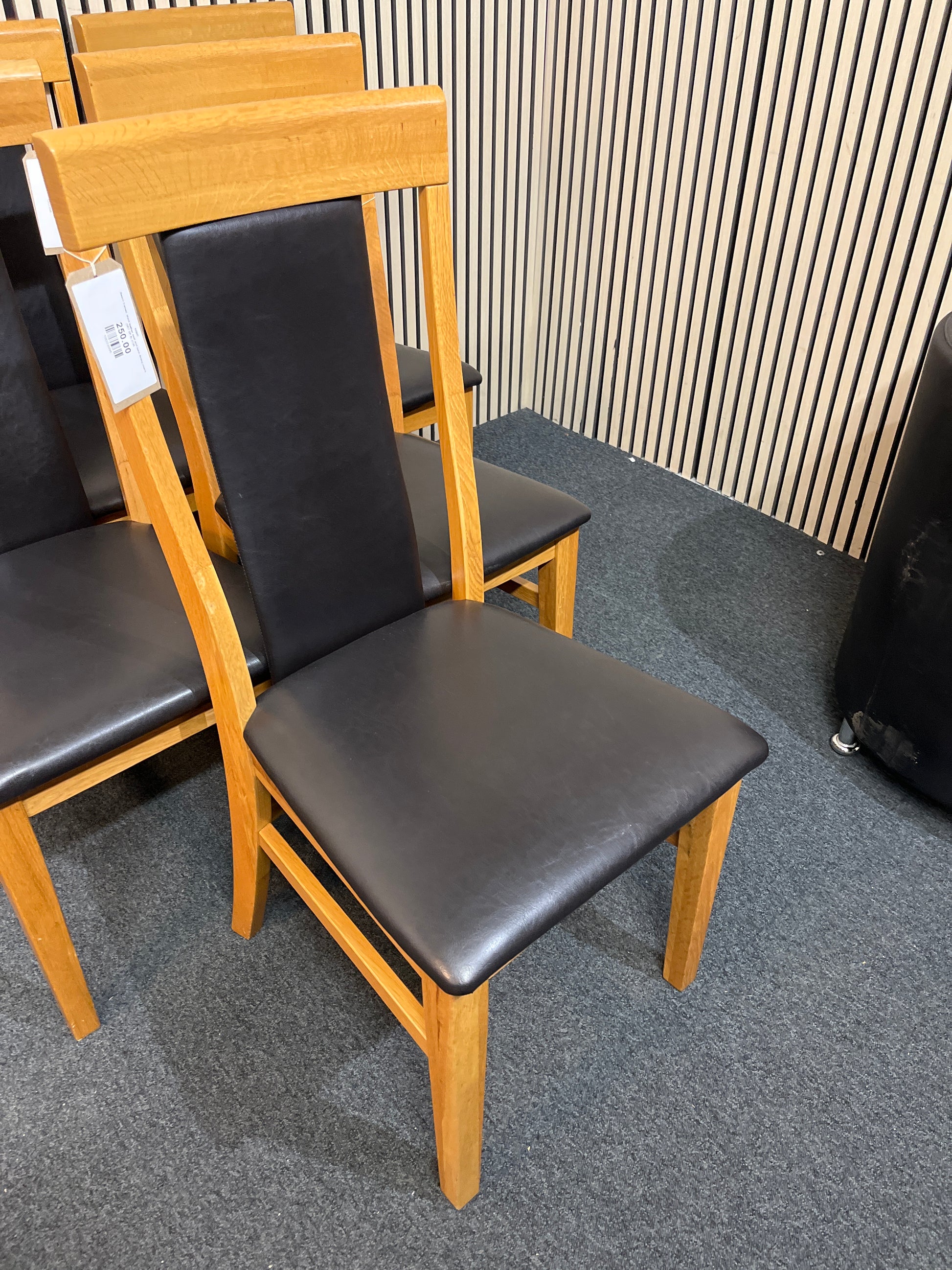 Beech framed, black leather seat and back dining chairs (SET OF 6) 3126