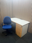 (GRADE A) White and Oak 1400 x 800 desk with push press pedestal + (Grade A) Blue fabric swivel chair bundle