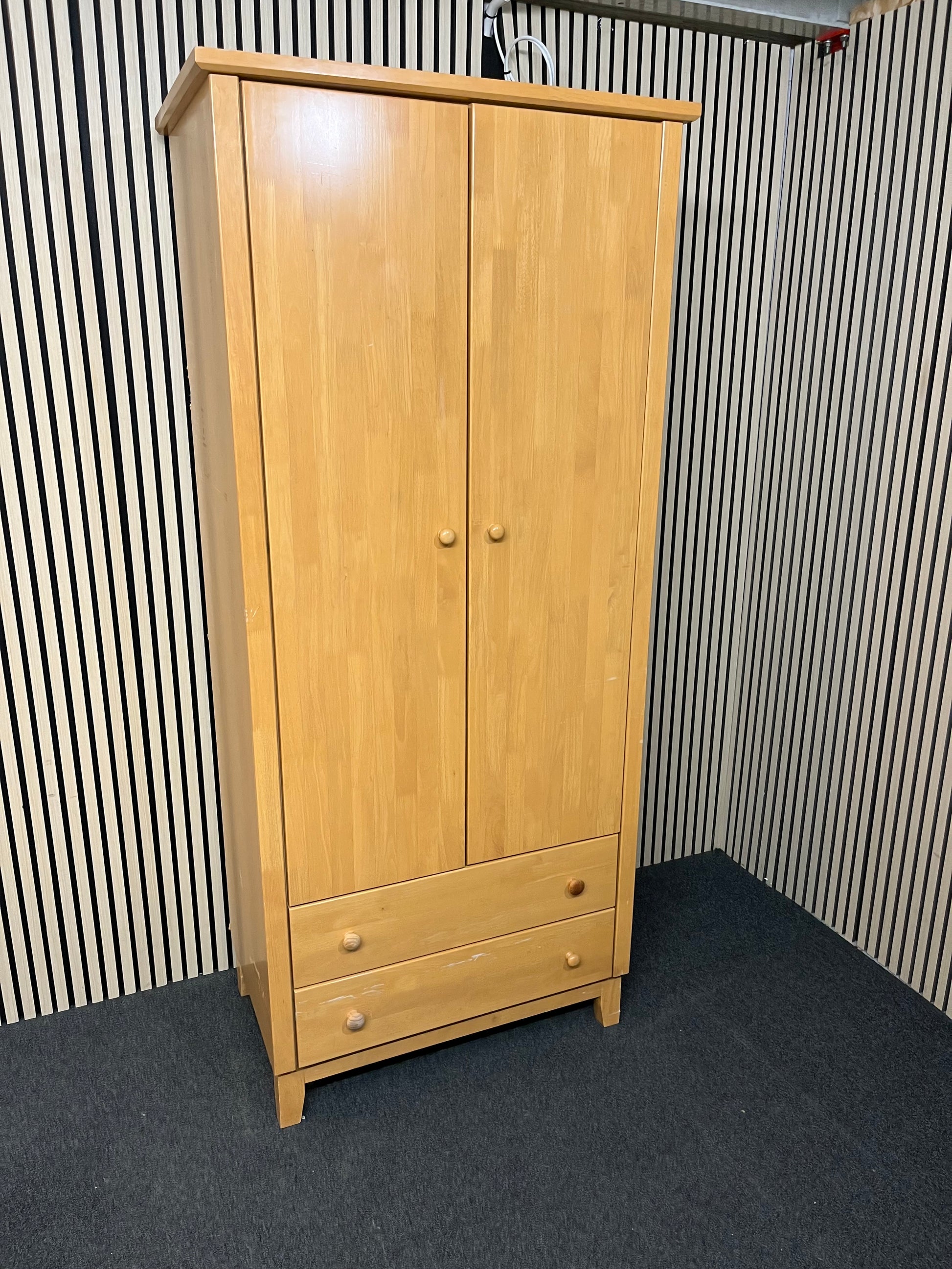 Tall beech two door wardrobe with two base drawers (H 208 x W 88 x D 58 cm) 1425