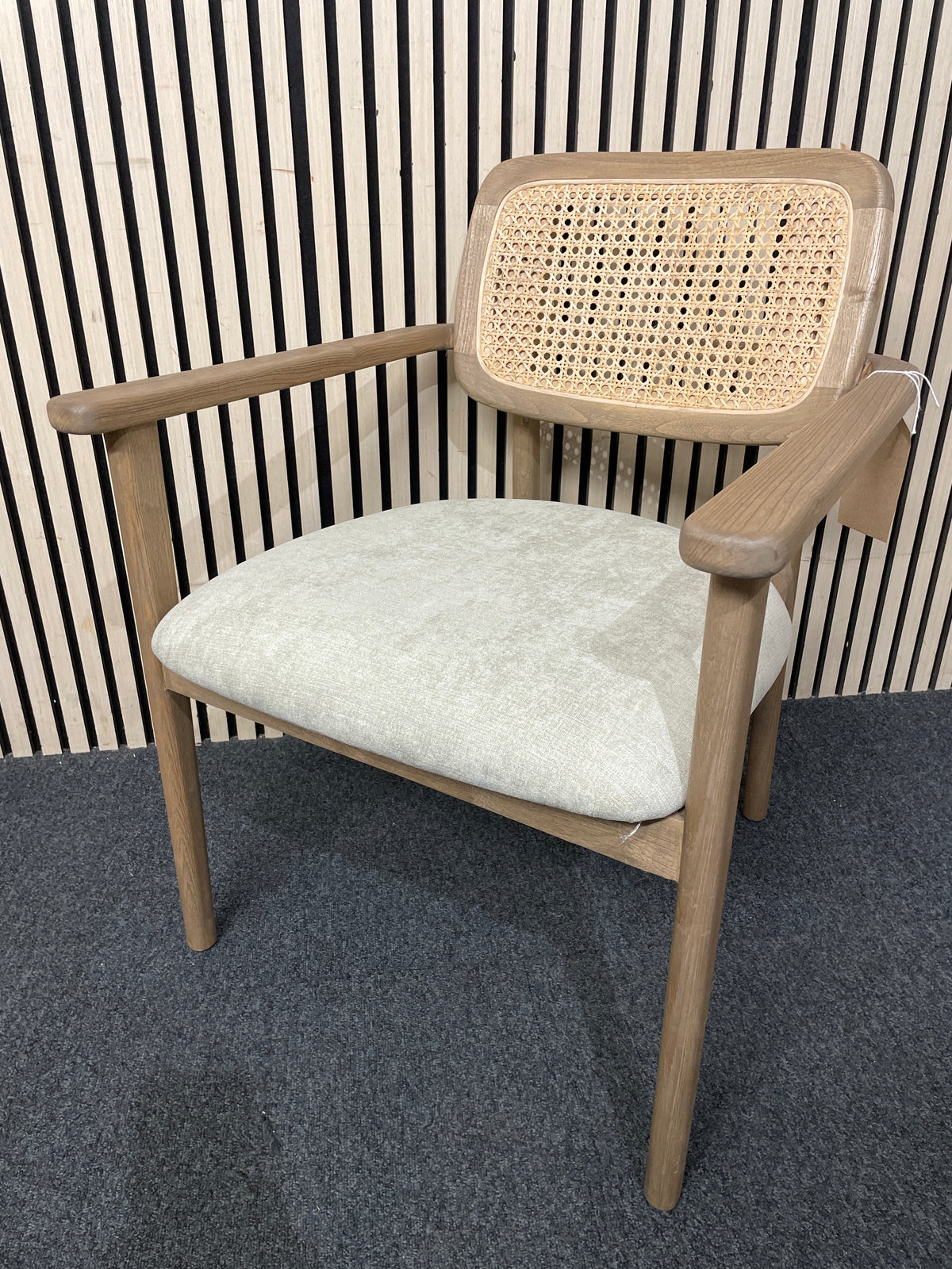 Solid oak framed lounger chair, rattan back with grey seat fabric 44430