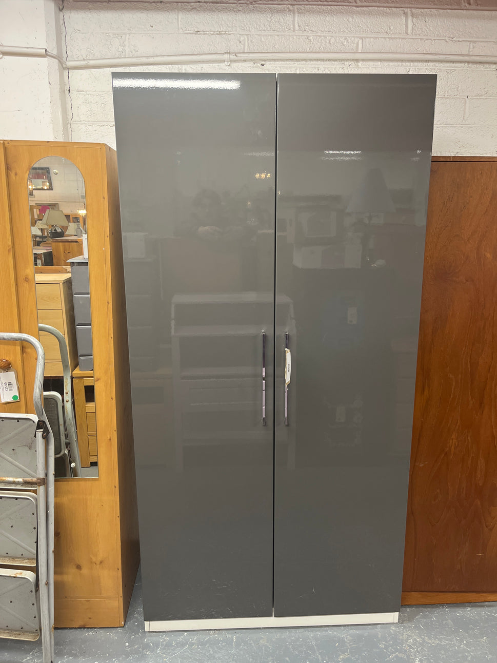 Tall 2 door grey gloss white laminate frame wardrobe (H 201 x W 100 x D 59 cm) 3225