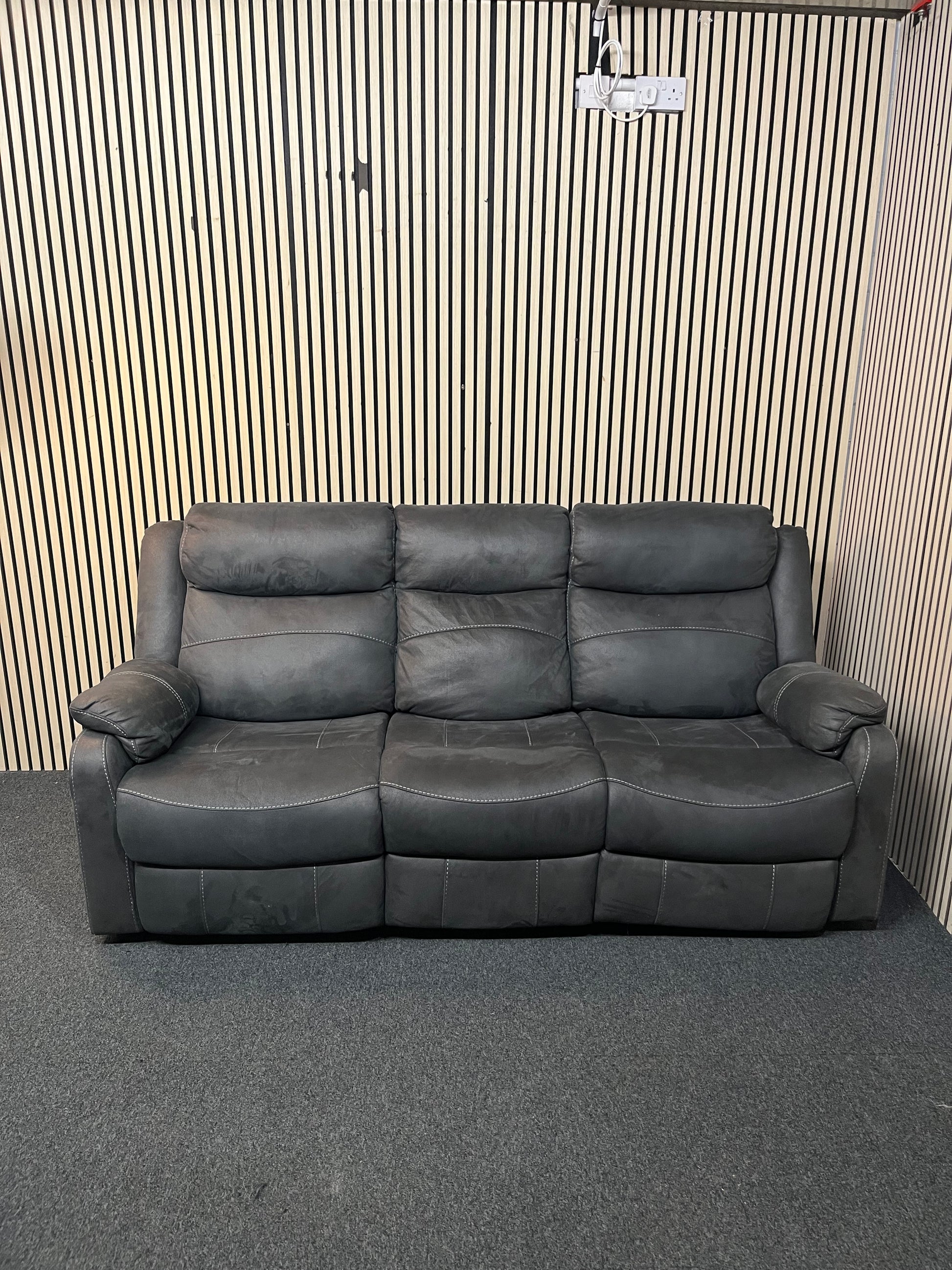 3 seater, dark grey, microfibre recliner sofa. 3126