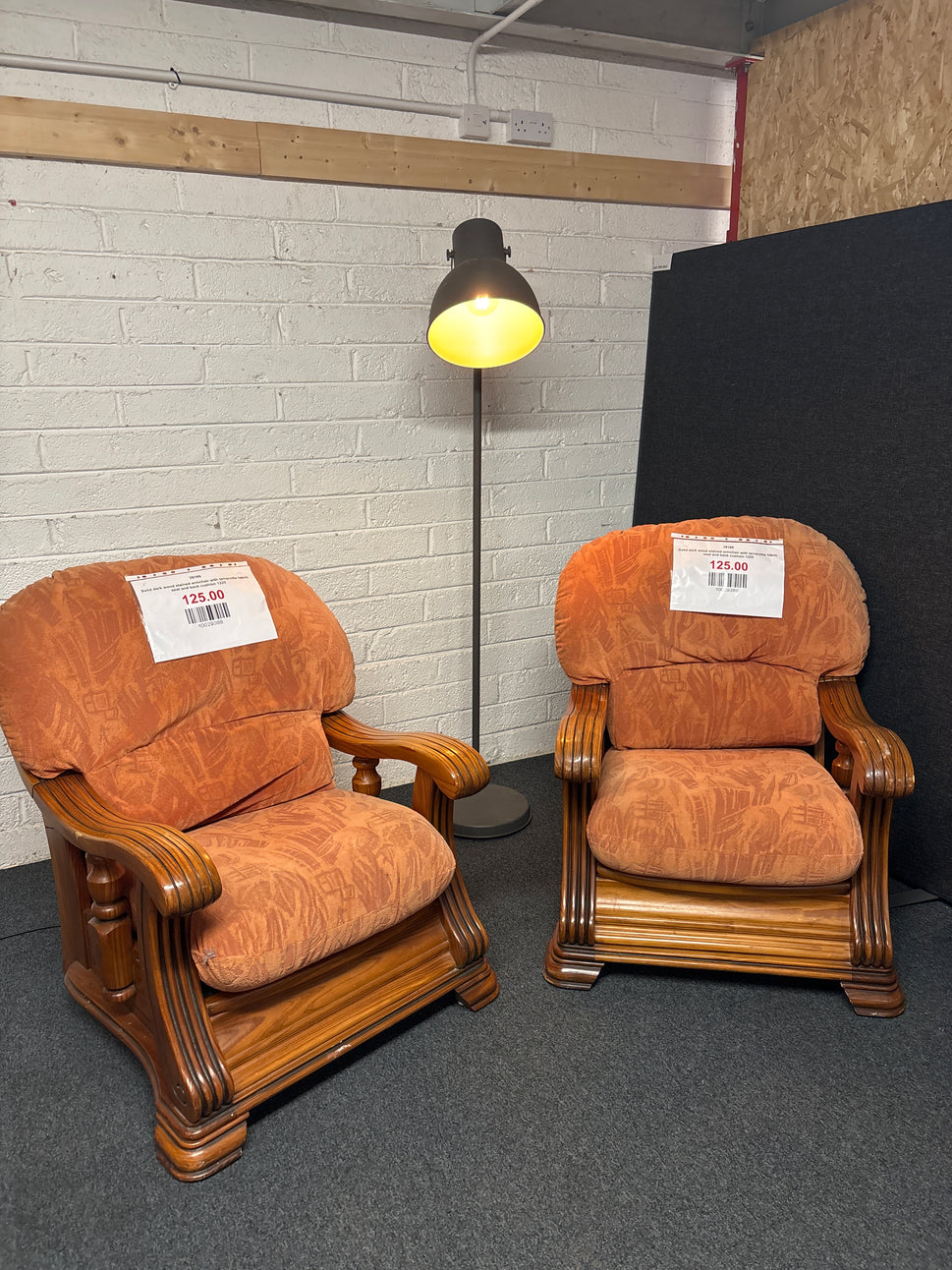 Solid dark wood stained armchair with terracotta fabric seat and back cushion 1225