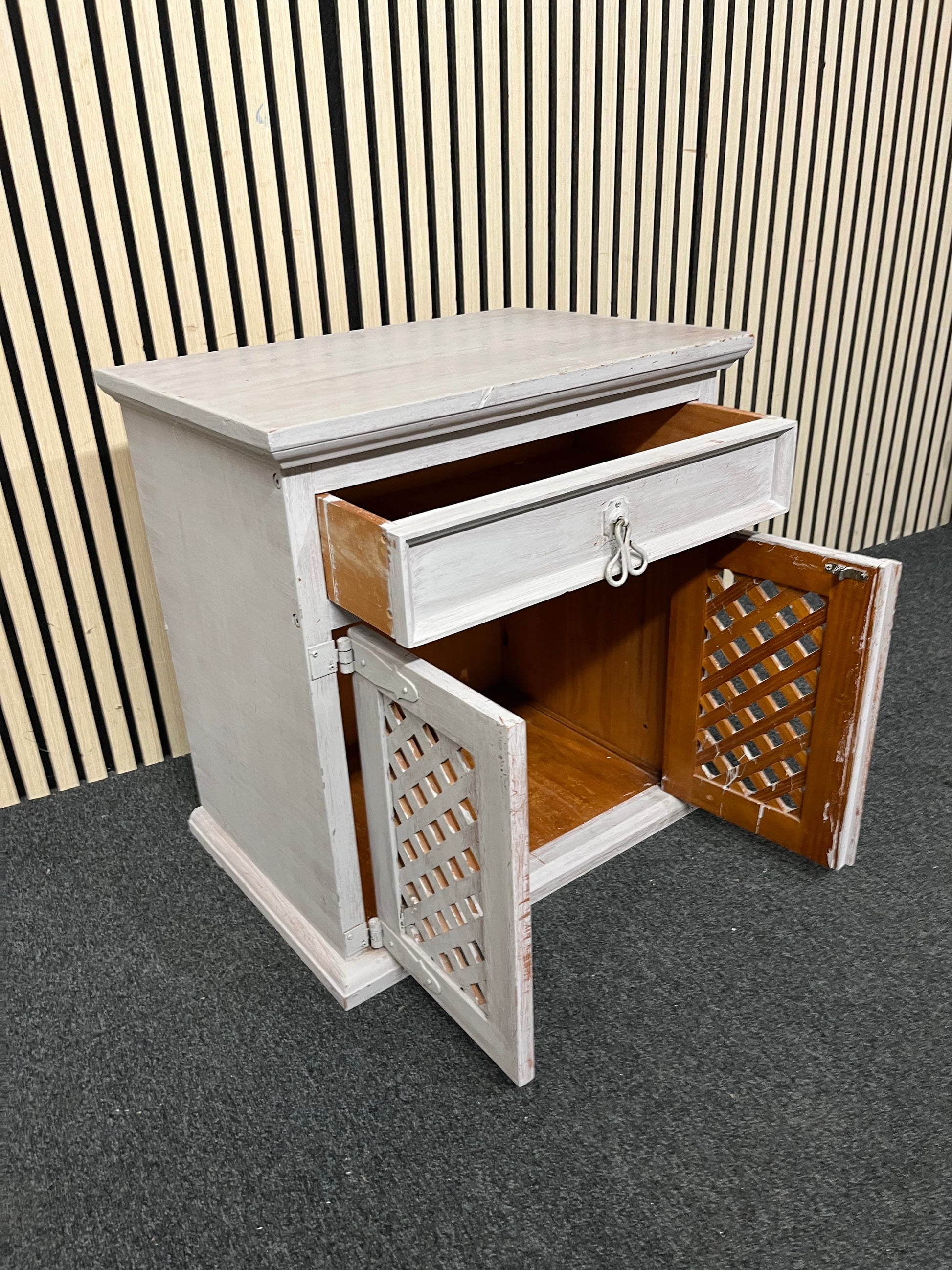 Solid pine grey white washed 2 door 1 drawer bedside locker 1126