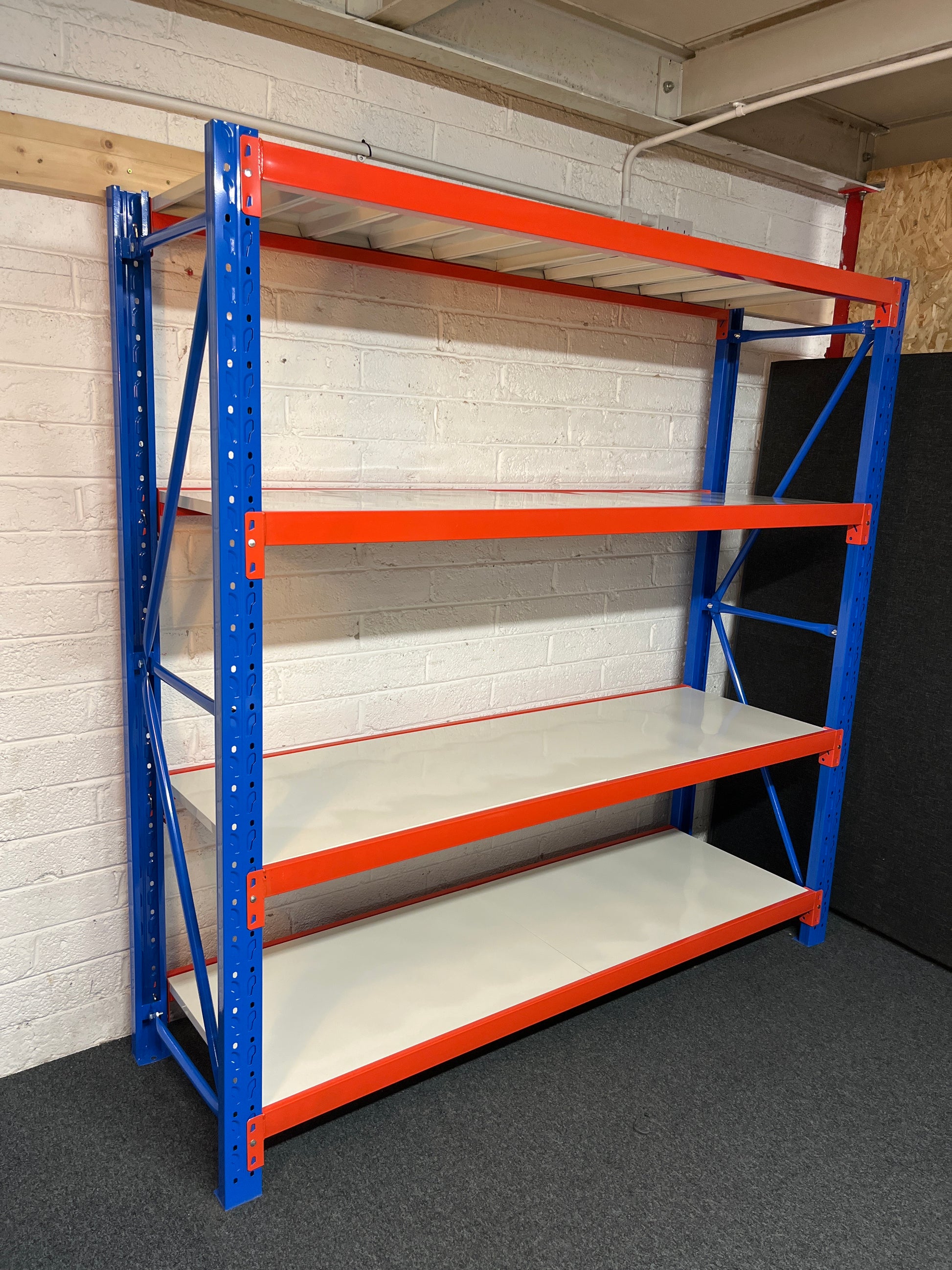 NEW All Metal HEAVY DUTY longspan racking 2000Hx2000Lx600D to include 2 no. upright, 4 no. shelf positions with metal shelves