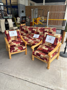 Three-seater futon with patterned fabric mattress and light wood frame. 44740