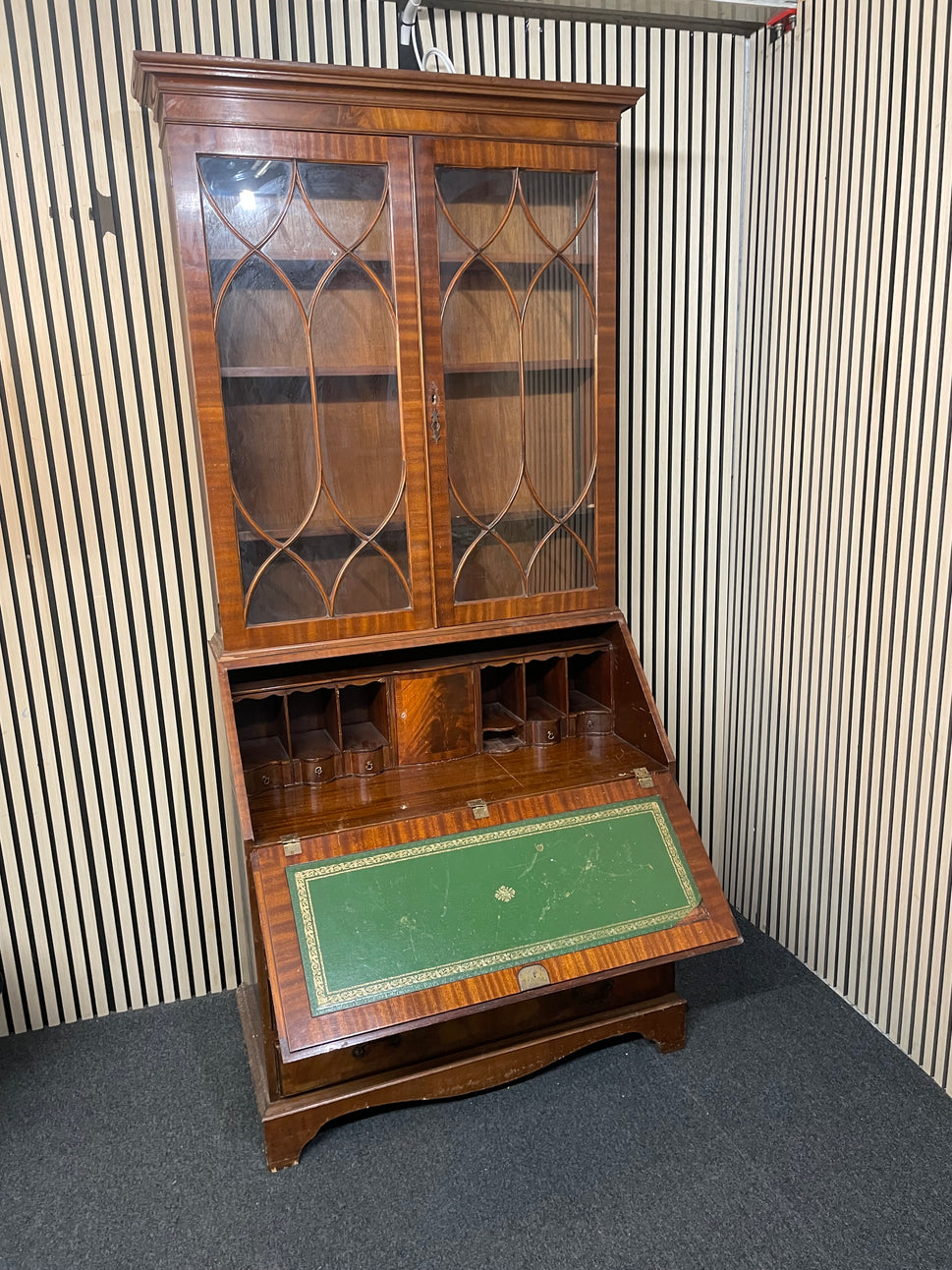 Ornate mahogany inlaid tall 2 glass door writing bureau with base drawers( H 214 x W 100 x D 43 cm) 2425