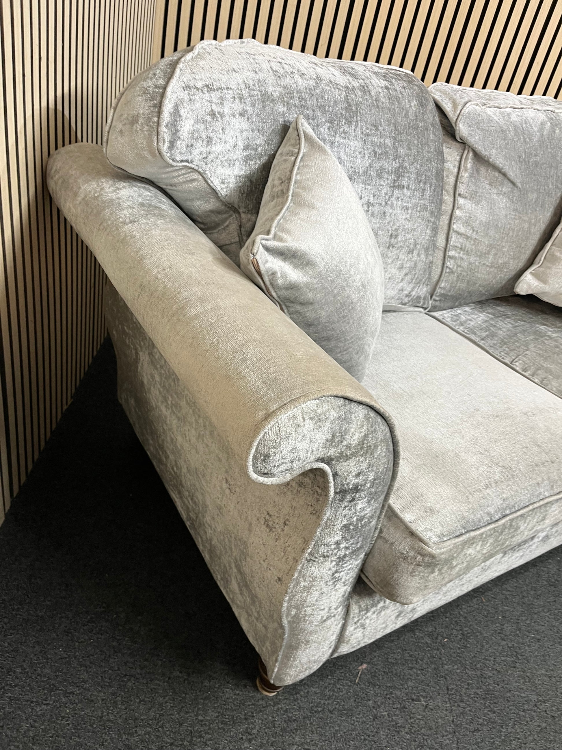 2 seater light grey fabric roll back sofa 3126