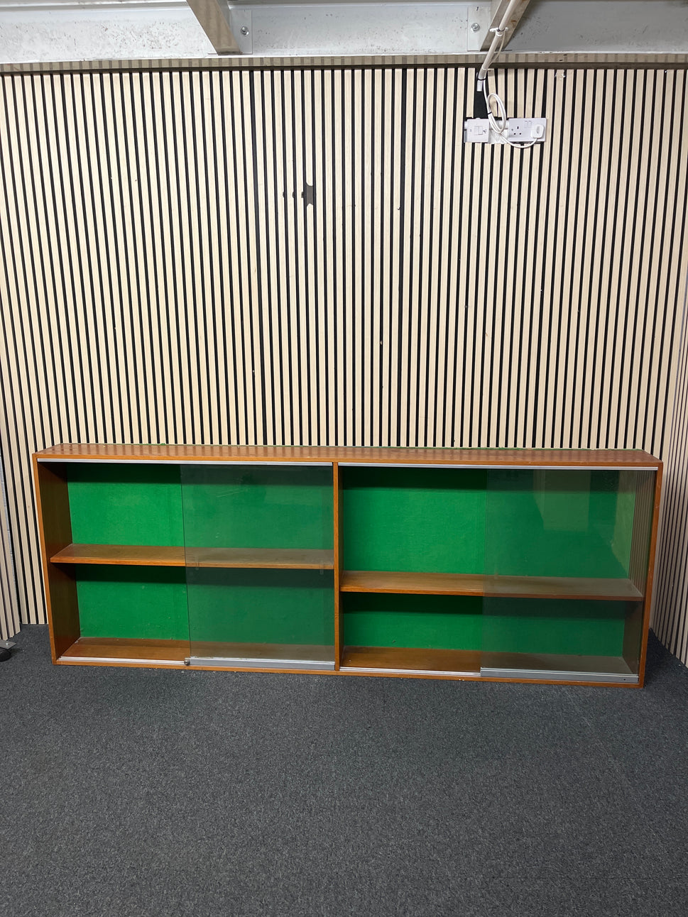 Large teak framed wall mounted glass display unit (H 92 x W 234 x D 24 cm)