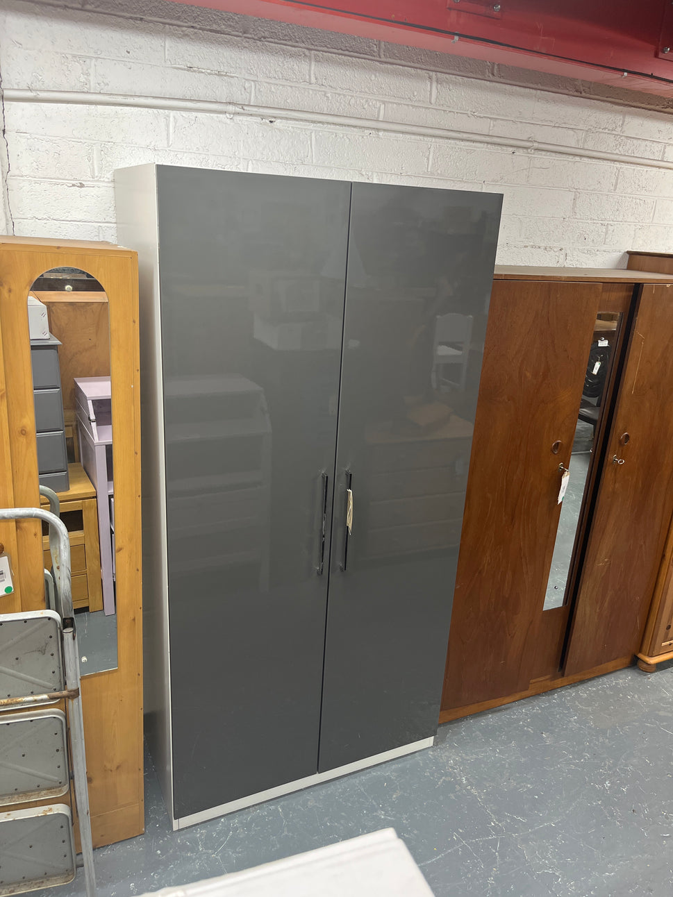 Tall 2 door grey gloss white laminate frame wardrobe (H 201 x W 100 x D 59 cm) 3225