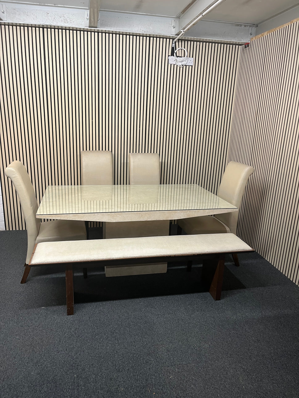 Cream Marble effect rectangular dining table(L 170 x W 100 cm with 4 no. high back cream leather dining chairs and a cream leather wooden framed long bench 2325