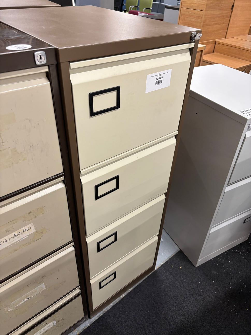 SECONDHAND 4 drawer metal filing cabinet in coffee cream with key