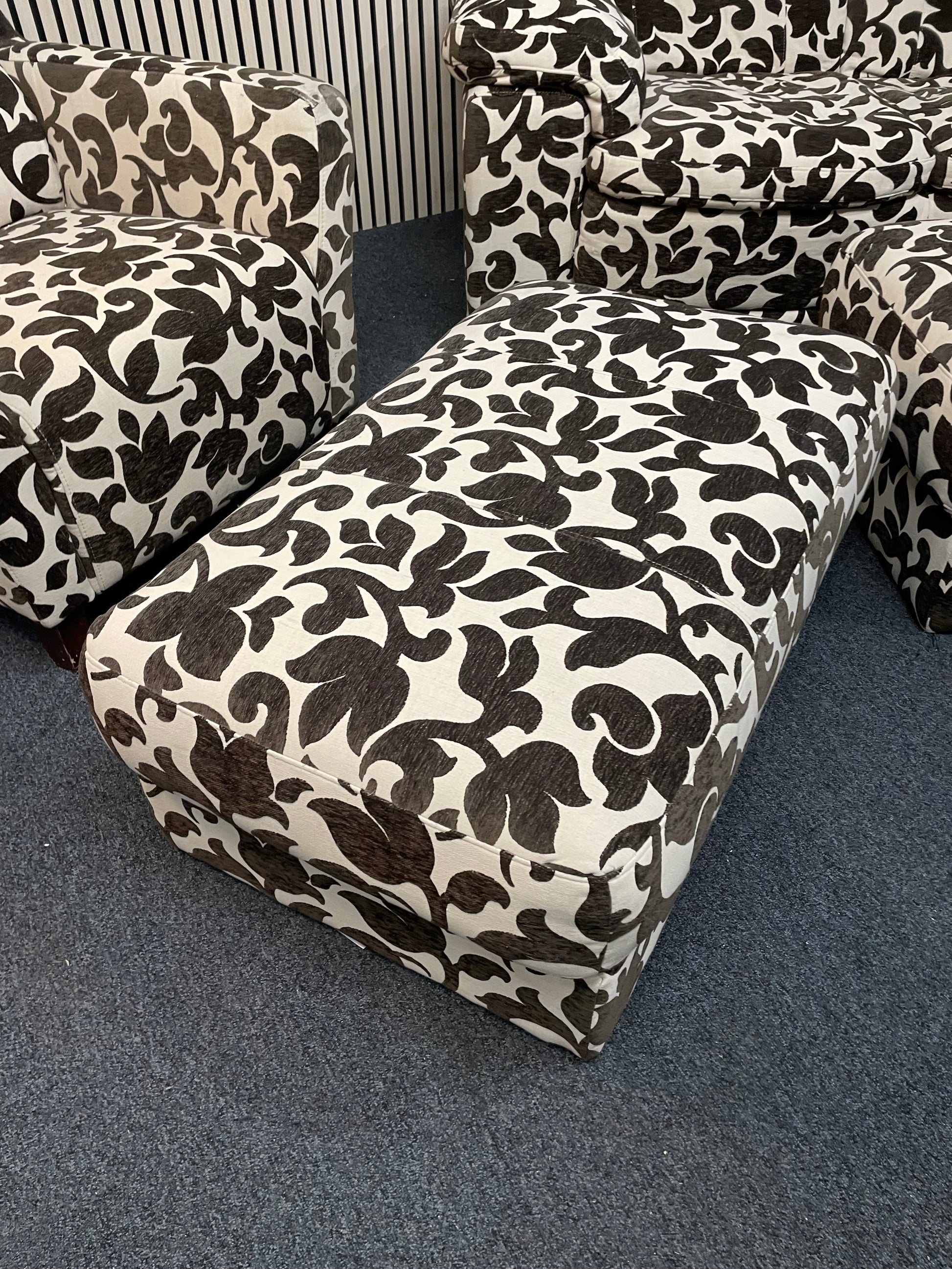 2 seater brown and cream floral fabric sofa (Width 160 cm) with matching armchair and ottomons 4225