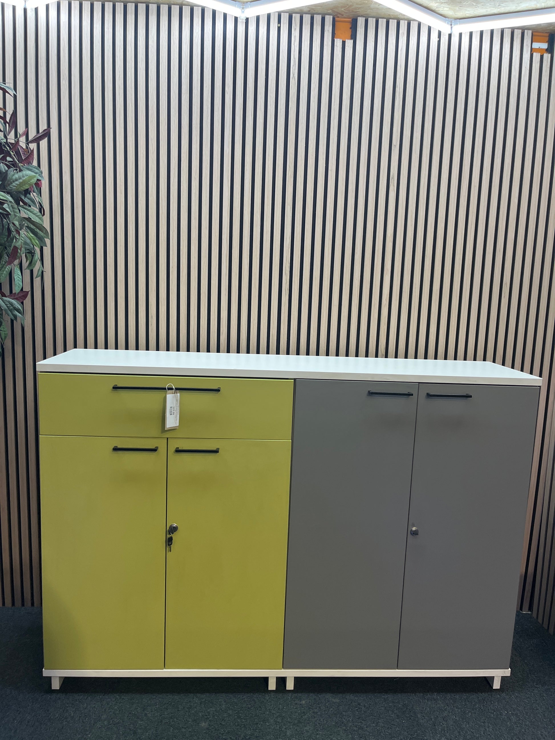 Tall lime green, light grey and white laminate 4 door 1 drawer credenza unit with keys (H 113 x W 160 x D 140 cm)