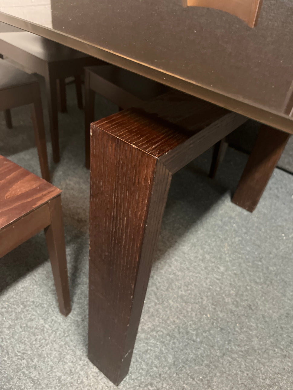 Large smoked glass rectangular dining table (W 160 x D 90 cm) wth 4 no. dark wood stained chairs 3225