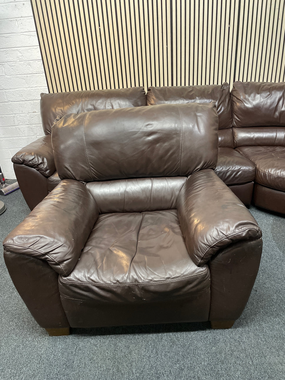 Large Brown Leather Corner Sofa with Poof and Single Armchair included 3126