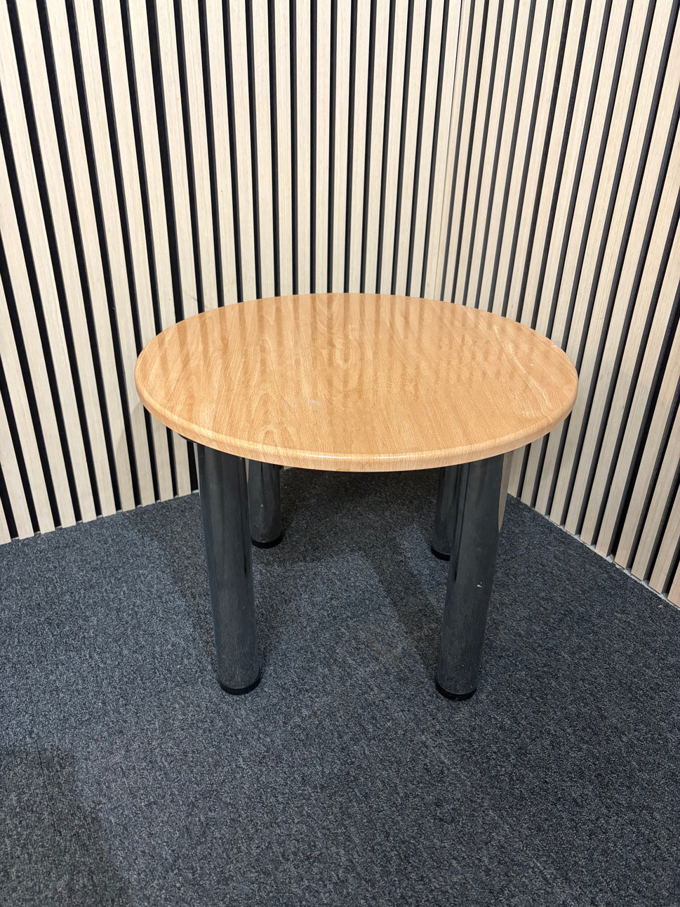 LIQUIDATED beech laminate coffee table with chrome screw in legs for easy storage