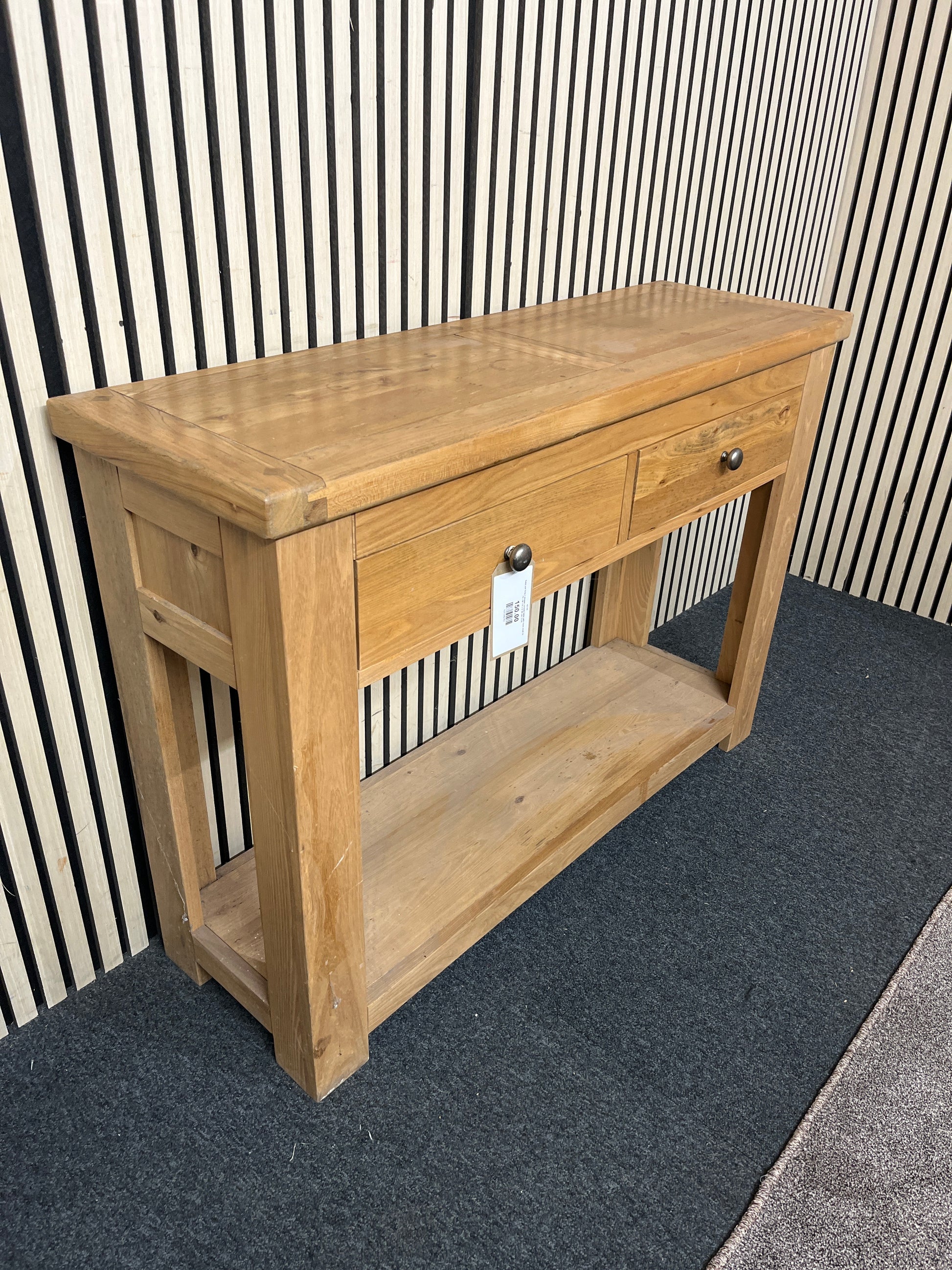 Solid oak long 2 drawer console table with base shelf (H 79 x W 110 x D 36 cm) 3126