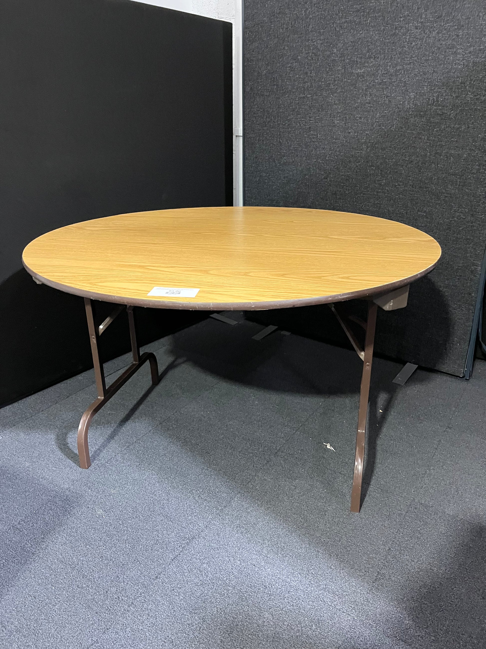 Circular folding table conference table, oak laminate, brown colour metal folding legs 4ft diameter 1425