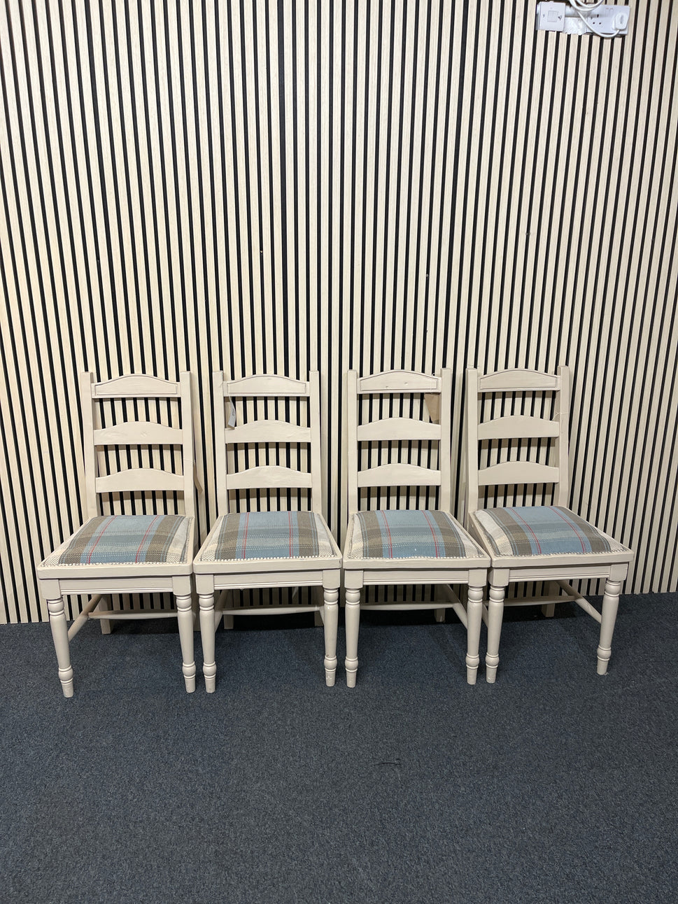 Cream painted solid wood tartan fabric dining chair (SET OF 4)